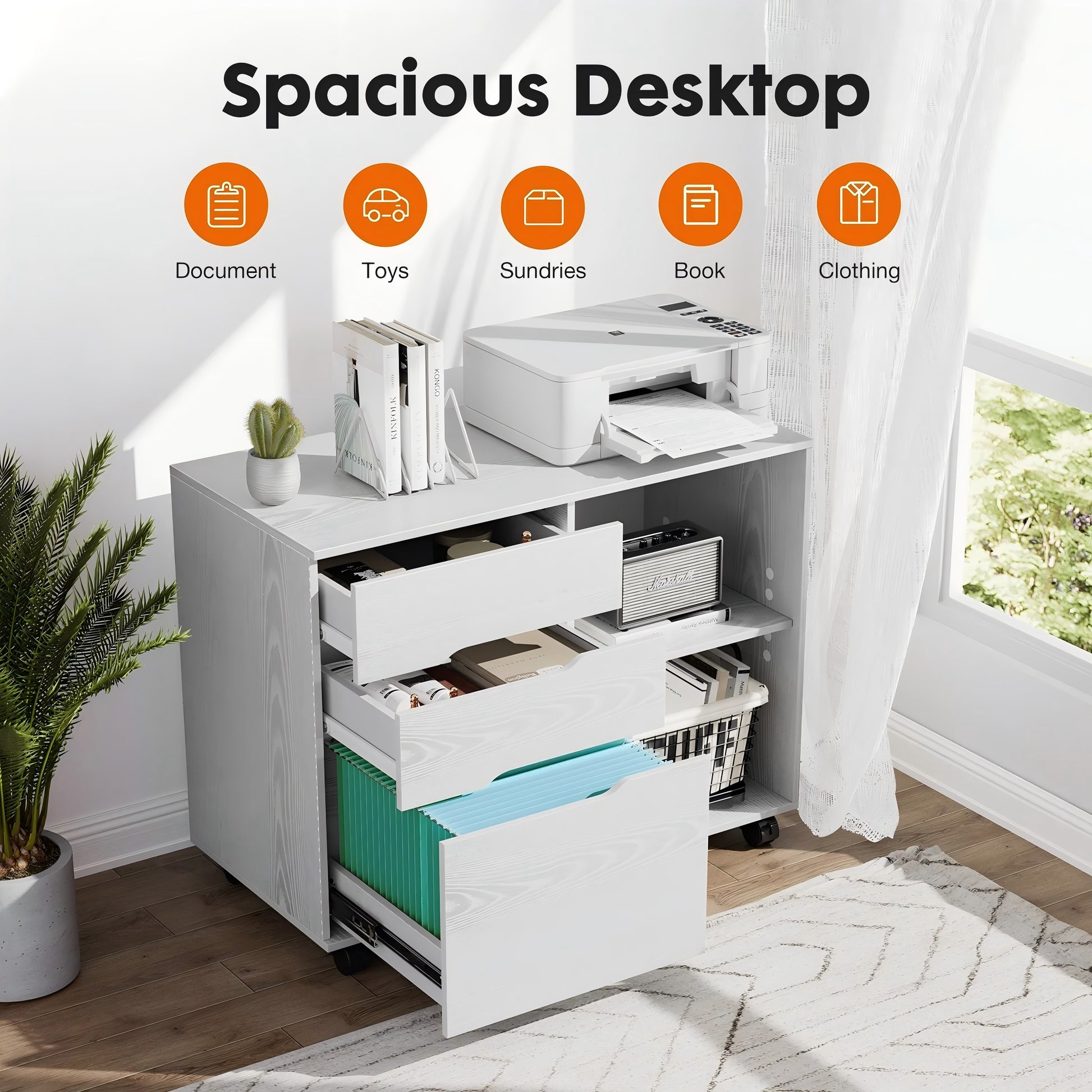 LIFERECORD 3-Drawer Lateral File Cabinet with Wheels, Mobile Rolling File Cabinet with Adjustable Shelf, Printer Stand for Home Office, Under Desk Storage Organizer, Wood Filing Cabinet White