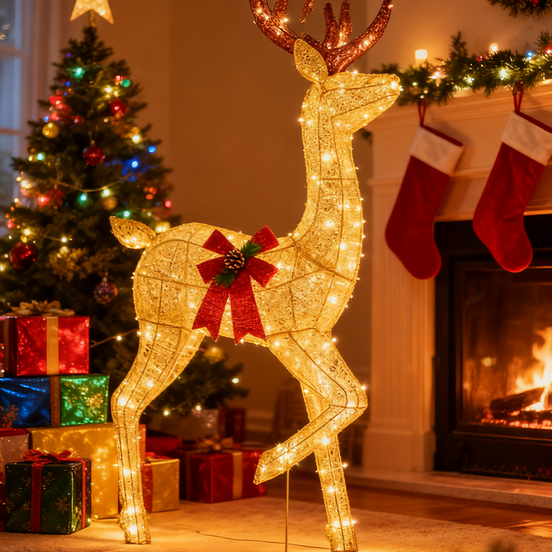 LIFERECORD 3-Piece 2D Lighted Christmas Deer Family Set - Large Outdoor Yard Reindeer Holiday Decoration with 360 LED Lights, Stakes, Zip Ties - Gold