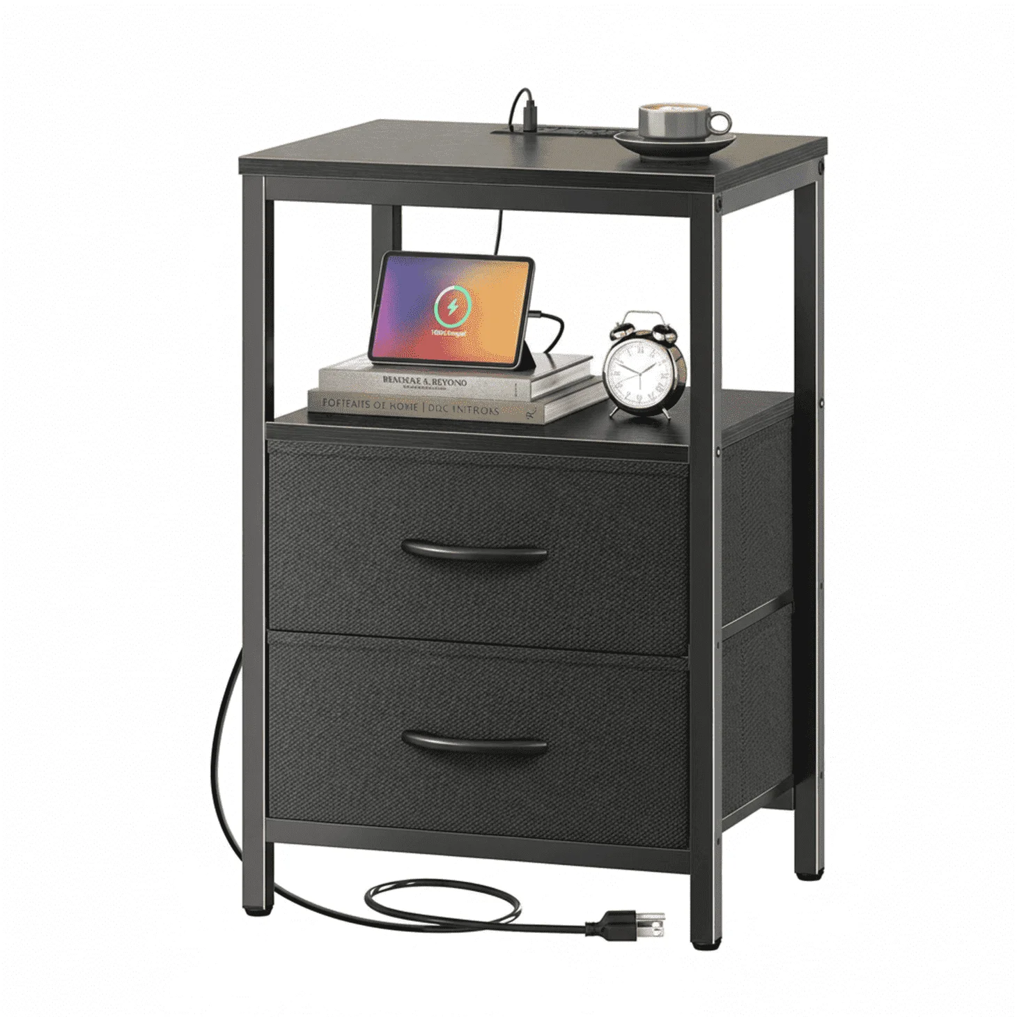 LIFERECORD Night Stand with 2 Fabric Drawers, Nightstand with Charging Station, End Tables with Storage Shelf for Small Spaces, Bedside Table Side Tables for Bedroom, Black