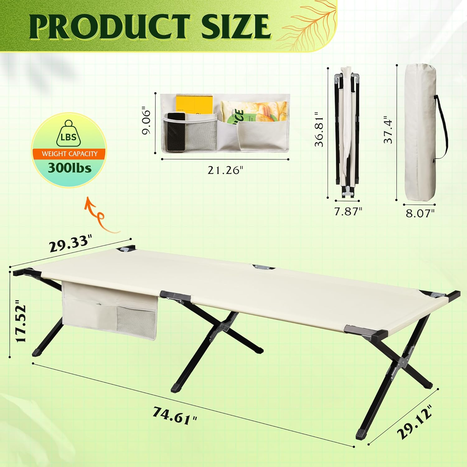 LIFERECORD Camping Cot, Heavy-Duty Folding Cot for Adults, Ultra-Wide Portable Camping Bed, Quick Assembly, 300 lb Capacity, for Tent or Home