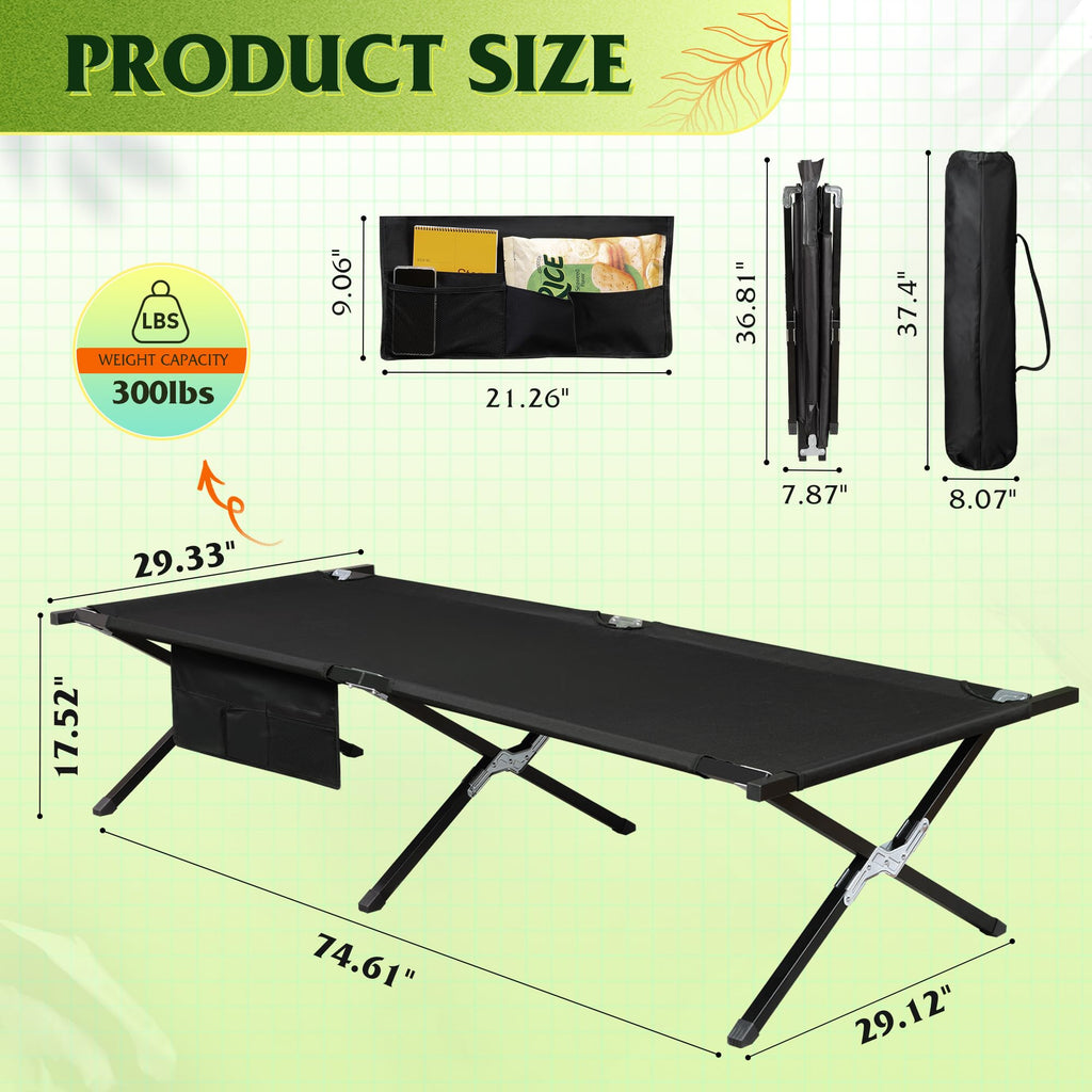 LIFERECORD Camping Cot, Heavy-Duty Folding Cot for Adults, Ultra-Wide Portable Camping Bed, Quick Assembly, 300 lb Capacity, for Tent or Home