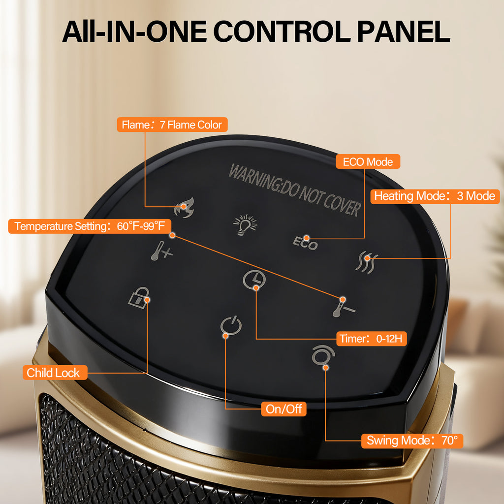 LIFERECORD Oscillating Space Heater with Remote, 70° Wide-Angle Heating, Quiet Portable Indoor Heater with Tip-Over Protection for Office & Home, Gold