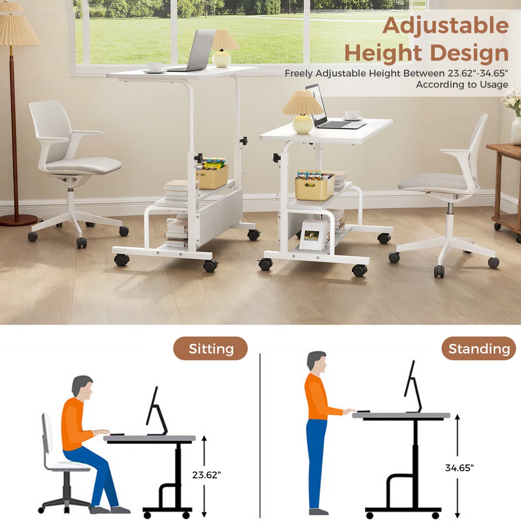 LIFERECORD Adjustable Height Standing Desk 31.5", Portable Rolling Desk on Wheels, Mobile Computer Desk with Lockable Wheels & 2-Tier Storage for Small Spaces Home Office