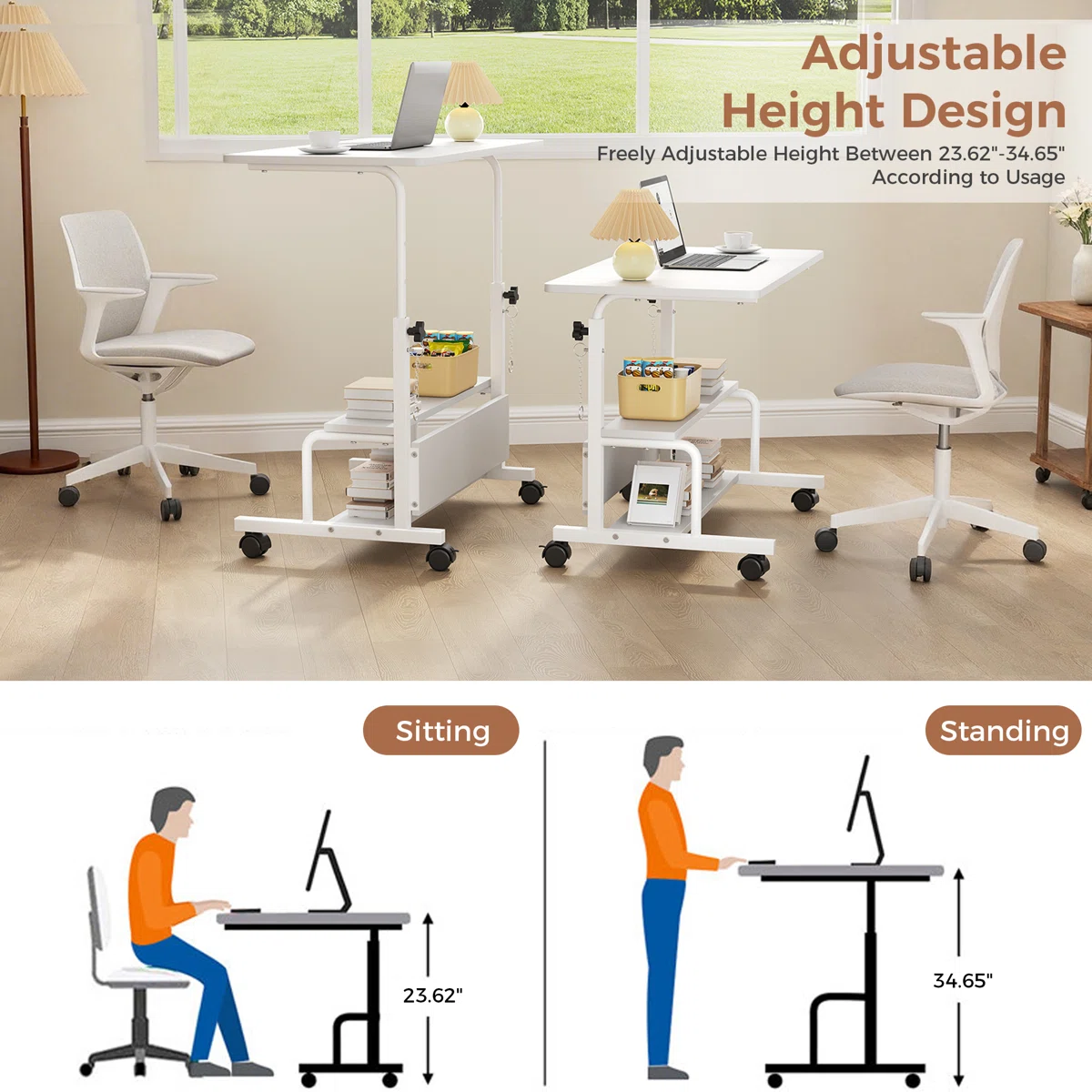 LIFERECORD Adjustable Height Standing Desk 31.5", Portable Rolling Desk on Wheels, Mobile Computer Desk with Lockable Wheels & 2-Tier Storage for Small Spaces Home Office