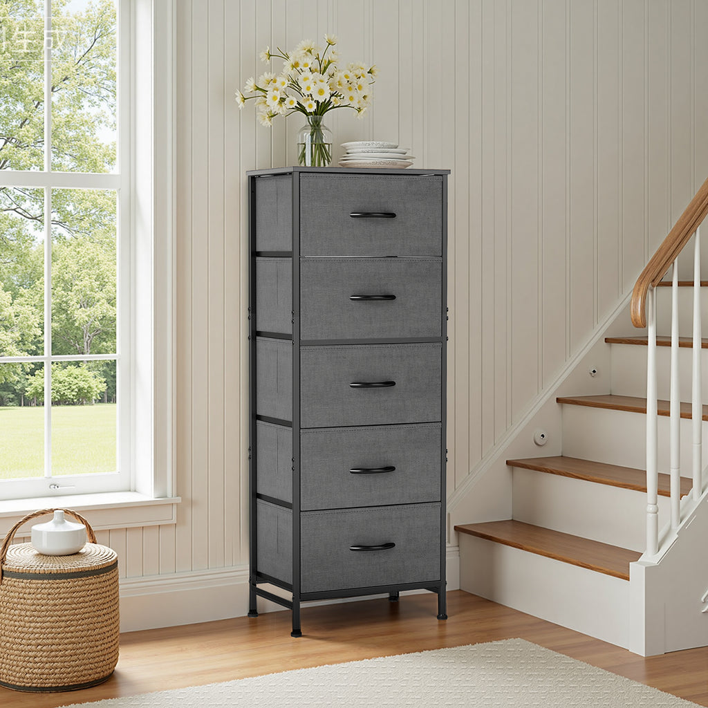 ACCVER Dresser for Bedroom 5 Storage drawer, Fabric Closet Chests Organizer Tower with Wooden Top Metal Frame for Living Room Hallway Entryway, Gray