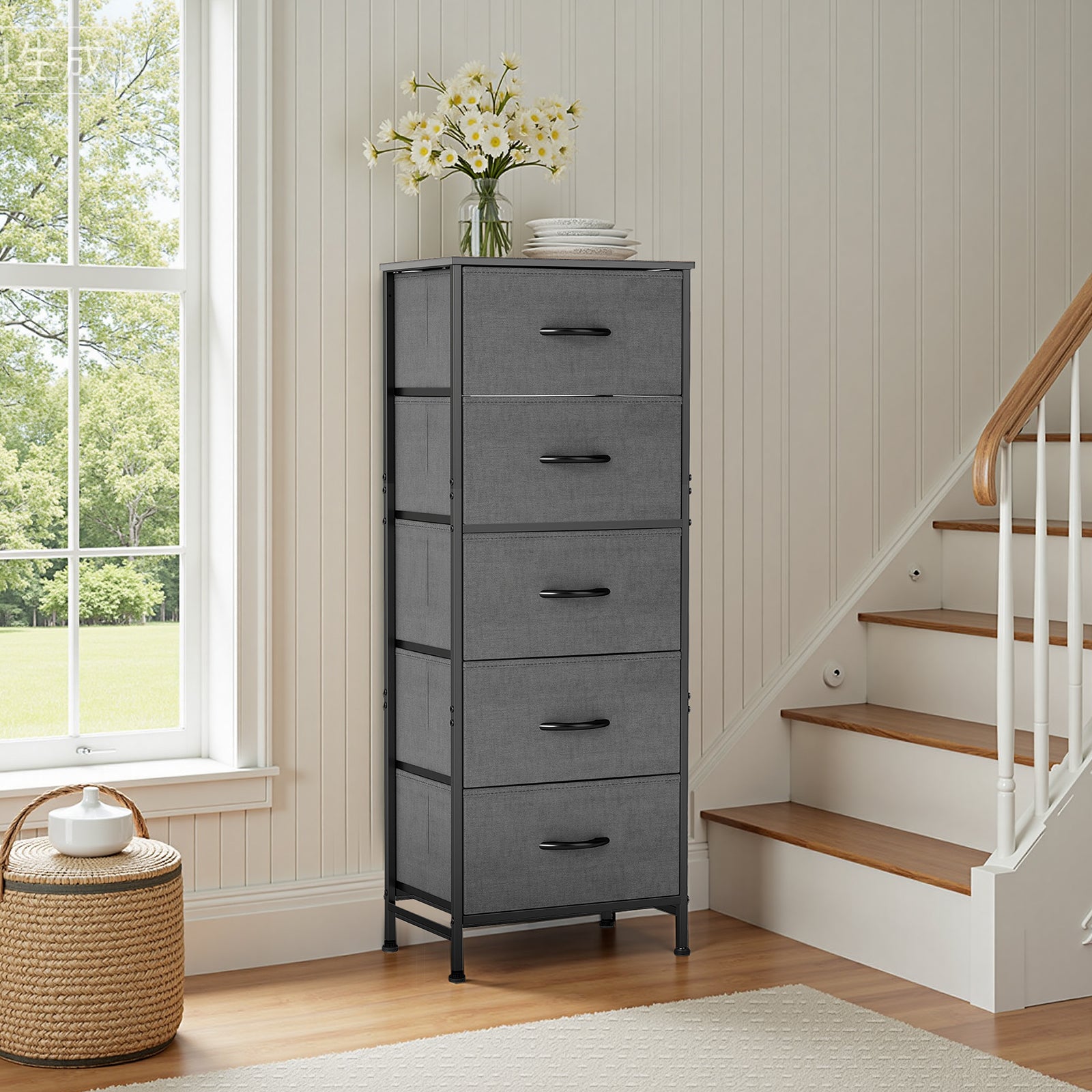 ACCVER Dresser for Bedroom 5 Storage drawer, Fabric Closet Chests Organizer Tower with Wooden Top Metal Frame for Living Room Hallway Entryway, Gray