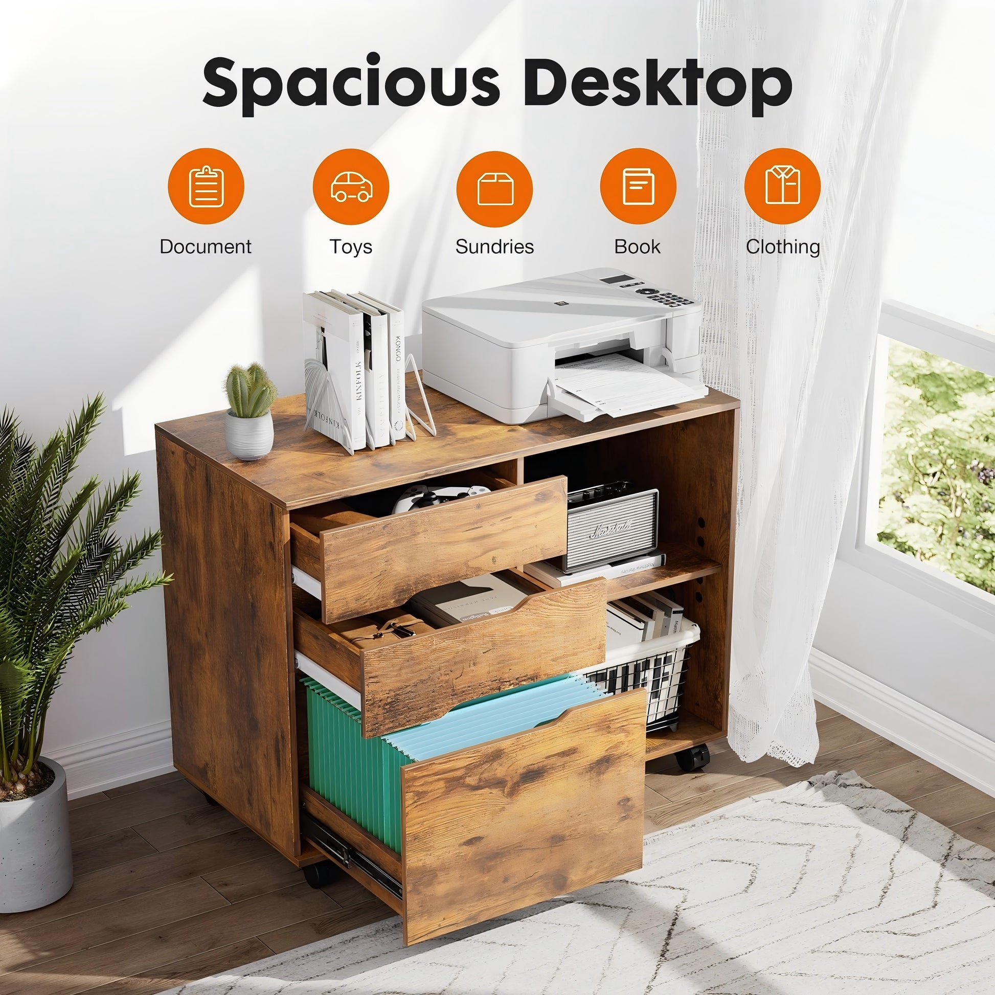 LIFERECORD 3-Drawer Lateral File Cabinet with Wheels, Mobile Rolling File Cabinet with Adjustable Shelf, Printer Stand for Home Office, Under Desk Storage Organizer, Wood Filing Cabinet Rustic Brown
