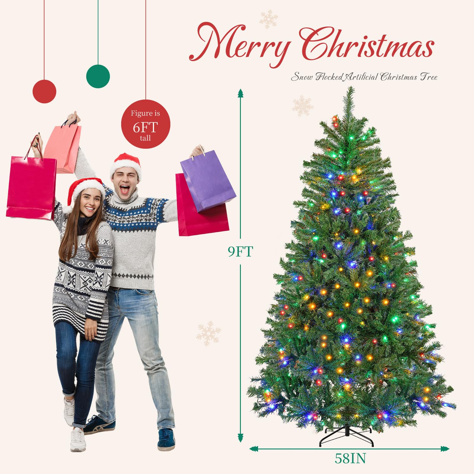 LIFERECORD 9ft Pre-lit Artificial Christmas Tree with 600 Color Changing LED Lights, 8 Modes Full Green PVC Xmas Tree with 2000 Branch Tips & Metal Stand for Party Decoration