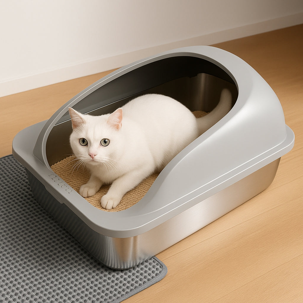 LIFERECORD Stainless Steel Cat Litter Box, Large Metal Cat Litter Box, Scoop and Mat Included, Easy to Clean and Odor Resistant for Multiple Cats, Light Gray