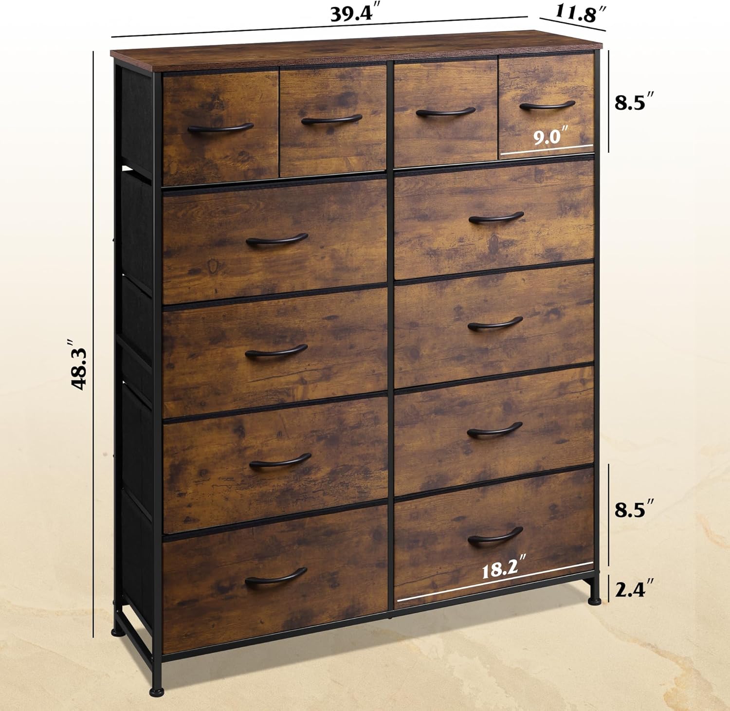 ACCVER Dresser for Bedroom 12 Storage drawer, Fabric Closet Chests Organizer Tower with Wooden Top Metal Frame for Living Room Hallway Entryway