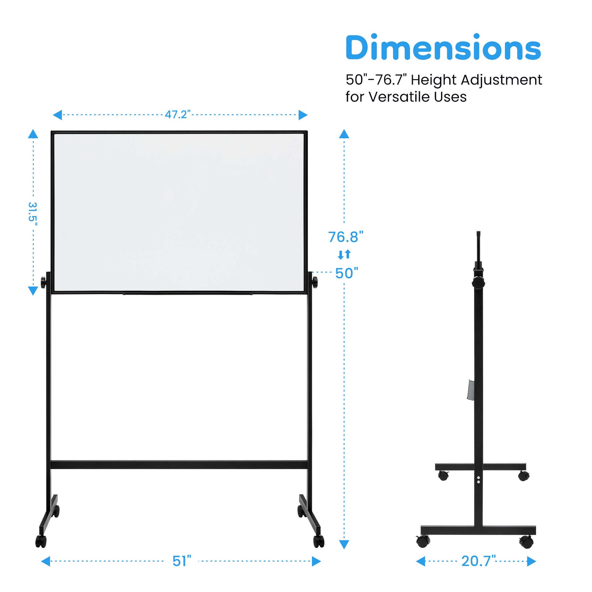LIFERECORD 46"x32" Double-Sided Magnetic Mobile Whiteboard, Rolling Dry Erase Board Easel Stand on Wheels with Aluminium Frame for School Office Home, Black