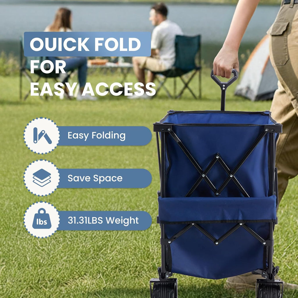 LIFERECORD Heavy-Duty Folding Wagon Cart - 440lb Capacity Foldable Utility Cart with Adjustable Handle & All-Terrain Wheels, Blue