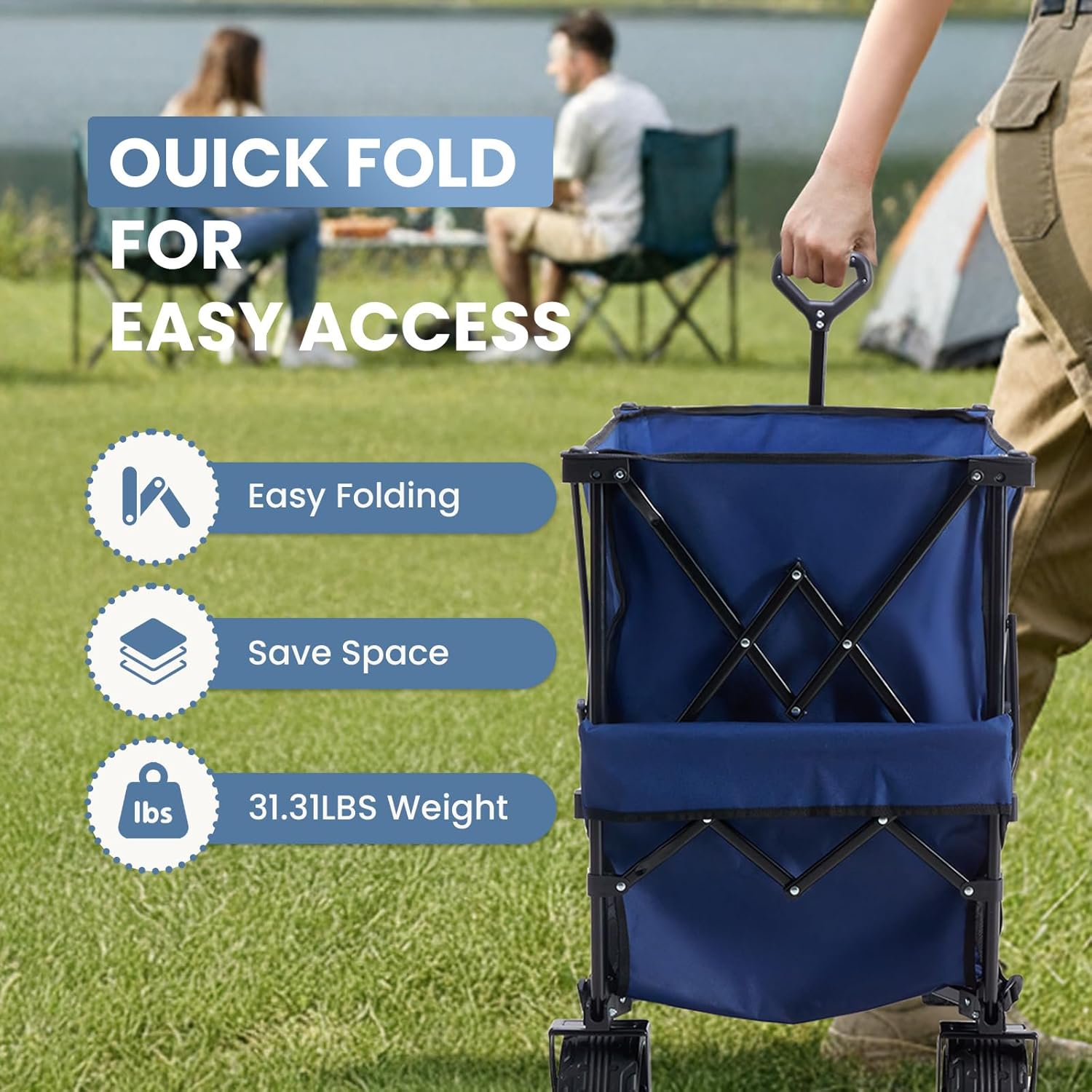 LIFERECORD Heavy-Duty Folding Wagon Cart - 440lb Capacity Foldable Utility Cart with Adjustable Handle & All-Terrain Wheels, Blue