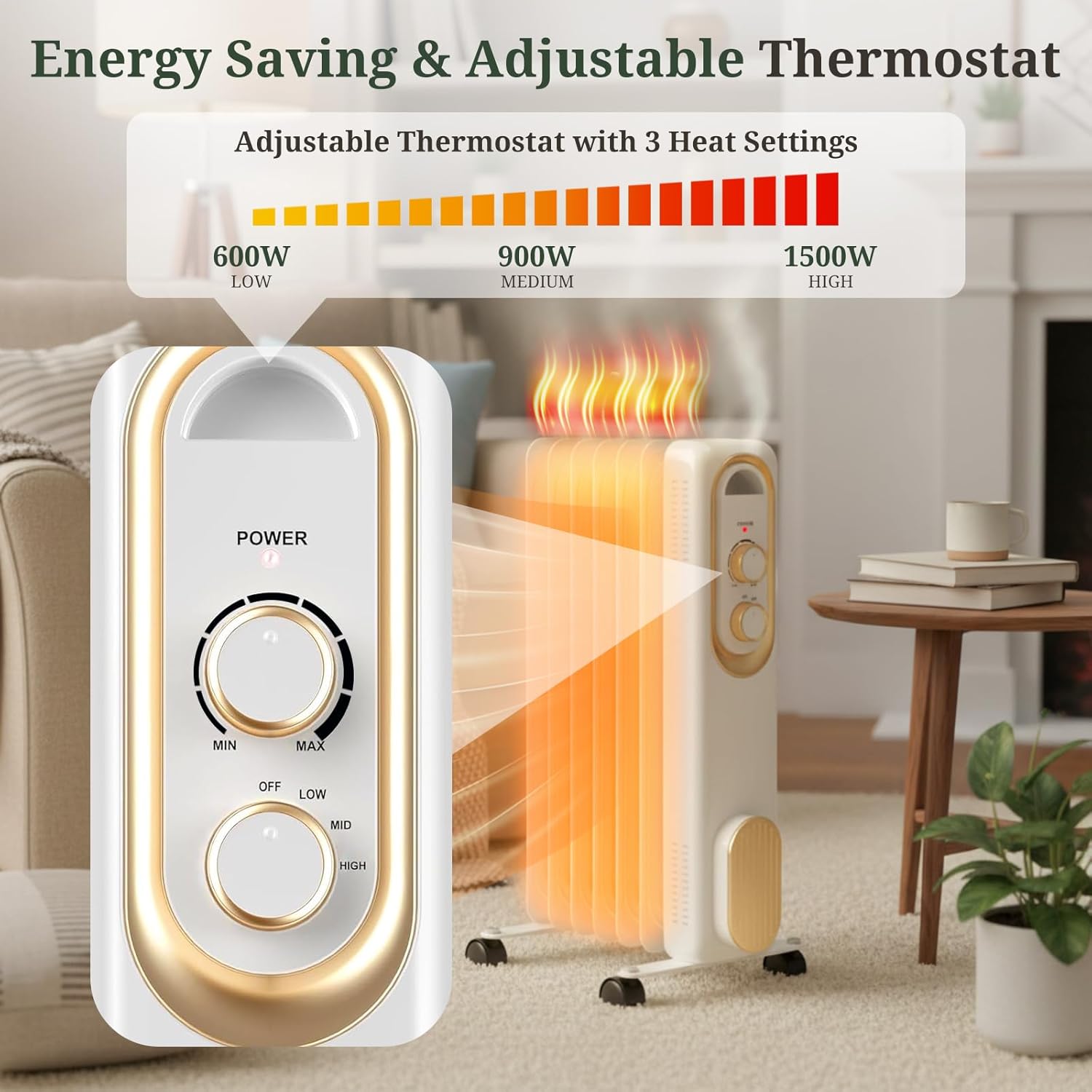 ROSVOVO 1500W Oil Filled Radiator Heater - 3 Heat Settings, Adjustable Thermostat, Ultra Quiet Portable Space Heater for Bedroom & Office, White