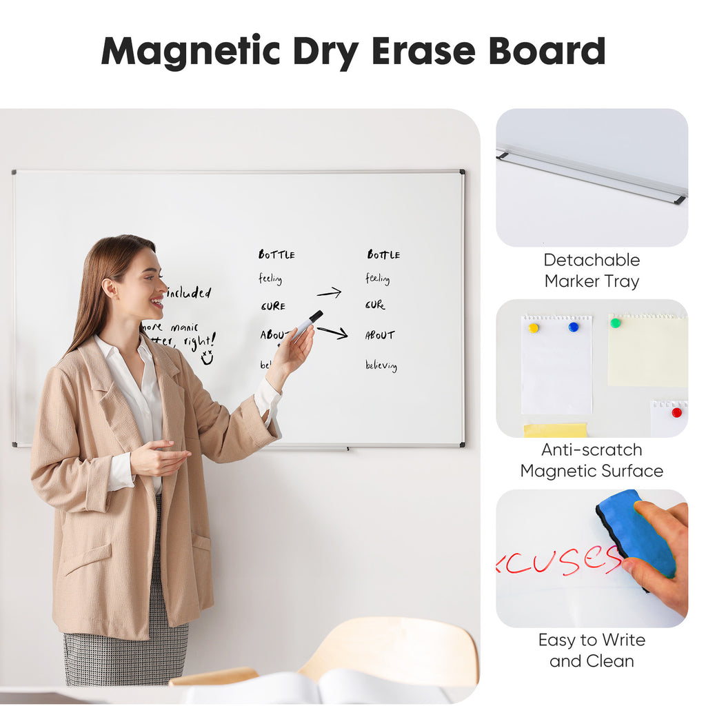 ROSVOVO 36x24 Inch Magnetic Dry Erase Board for Wall - Aluminum Frame Whiteboard Kit with Pen Tray, Markers & Magnets for Office, Home & Classroom
