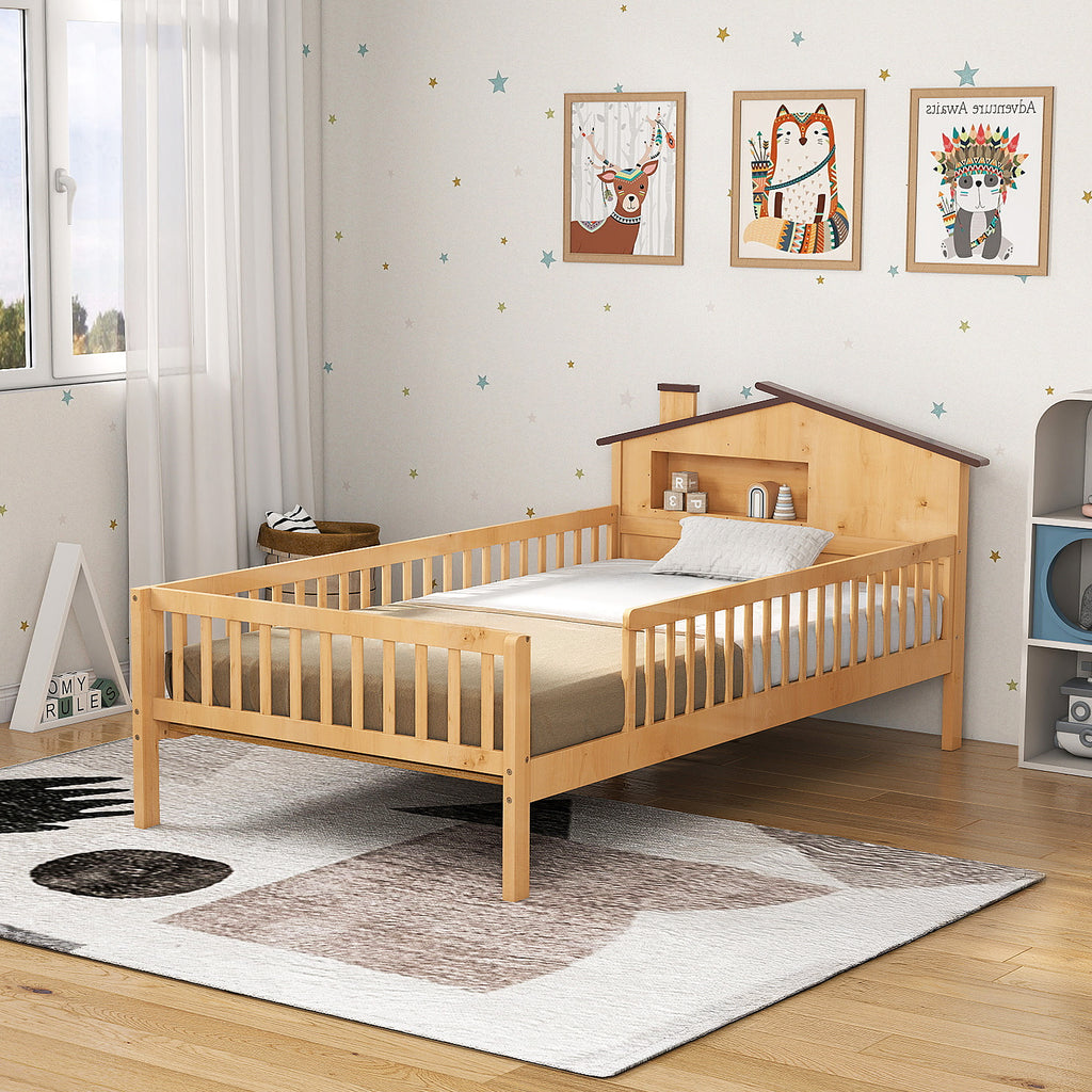 LIFERECORD Twin Size Bed Frame with Storage - Solid Wood House Frame, Safety Guardrails & Built-In Shelf for Bedroom Organization