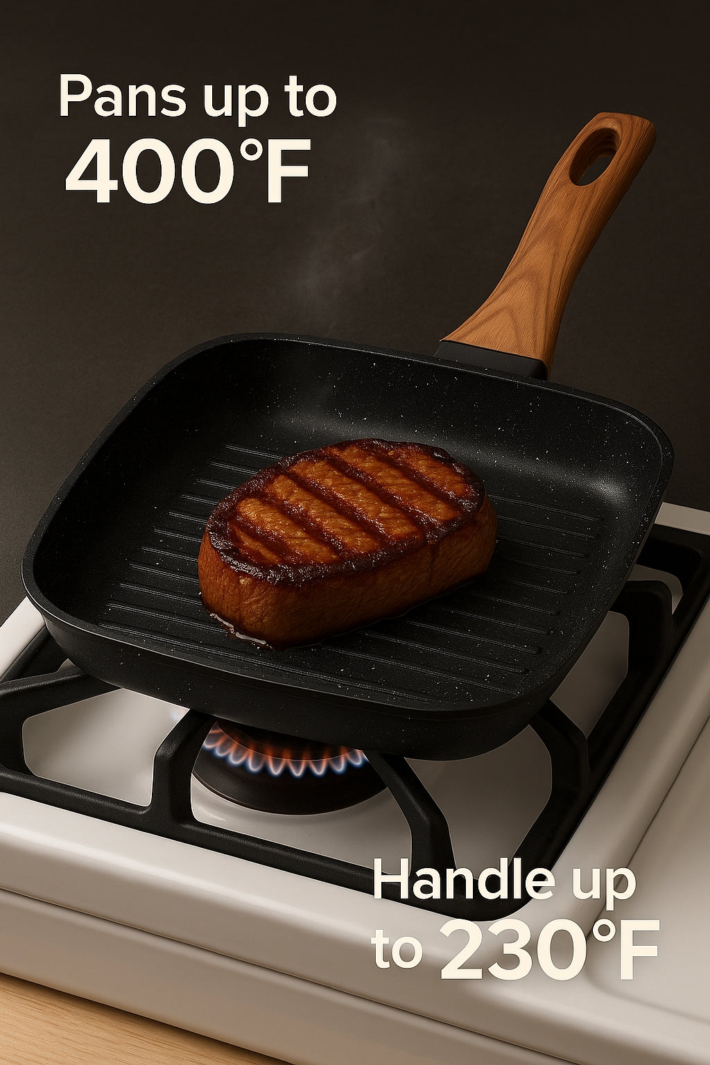 LIFERECORD Non Stick 3-Piece Kitchen Frying pan Skillet Set, 3 Piece Square Grill Pans (9.5", 10", 11") with Removable Handle, Compatible with All Stovetops, Black