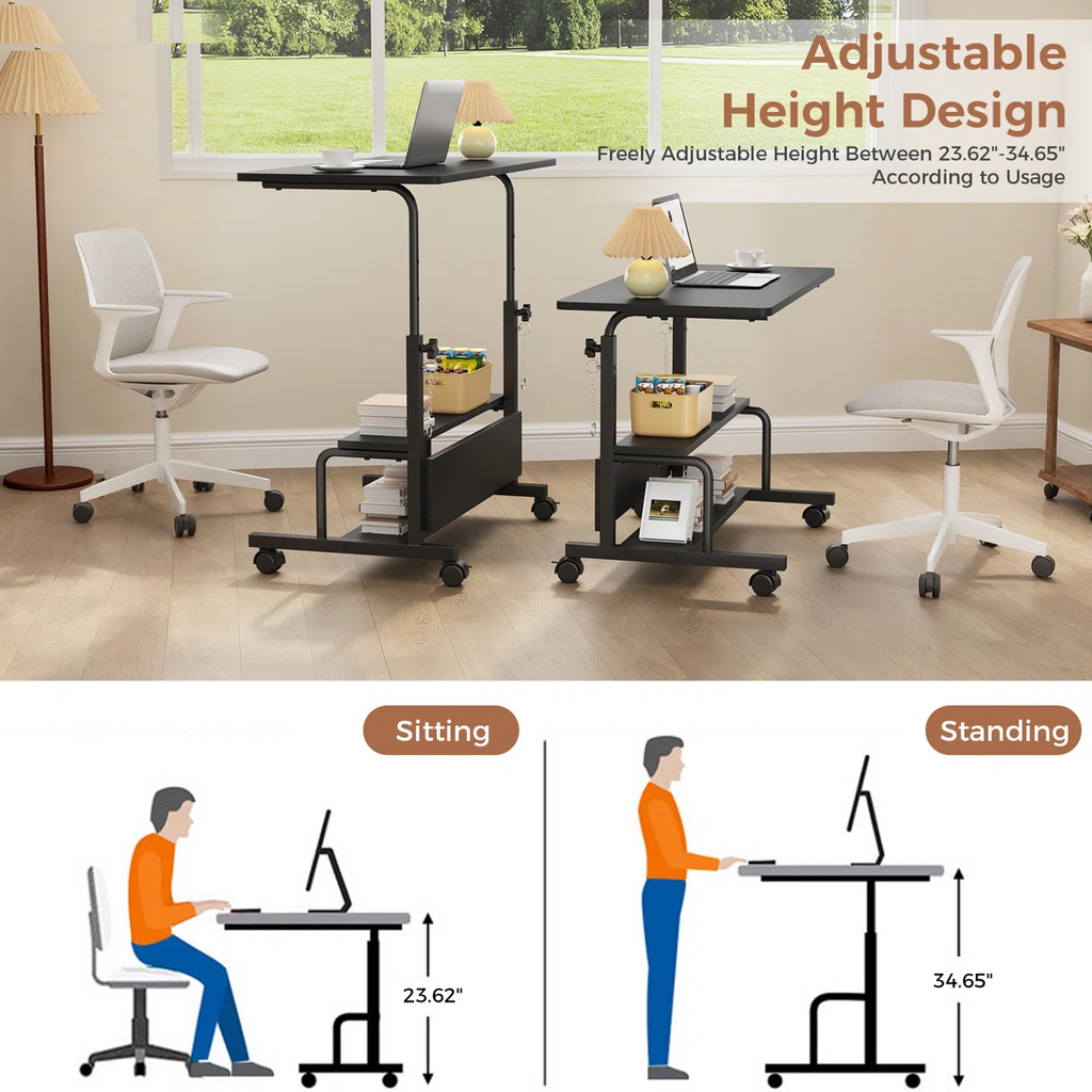 LIFERECORD Adjustable Height Standing Desk 31.5", Portable Rolling Desk on Wheels, Mobile Computer Desk with Lockable Wheels & 2-Tier Storage for Small Spaces Home Office
