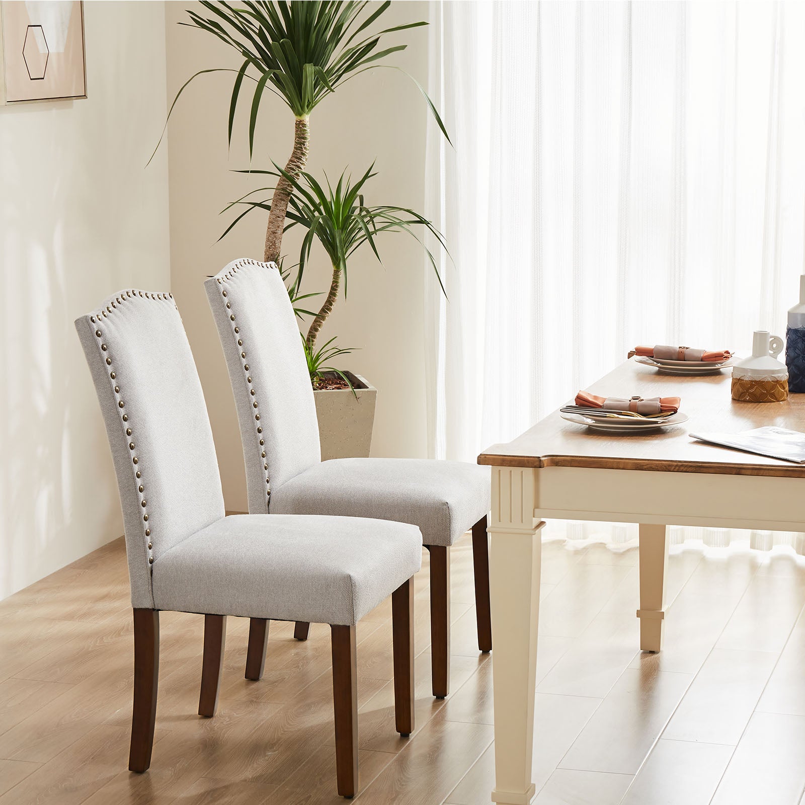 LIFERECORD Dining Chairs Set of 2 Modern Kitchen Chairs, Upholstered Fabric Side Chairs with Nailhead Trim and Solid Wood Legs for Dining Room, Kitchen, Living Room, Grey