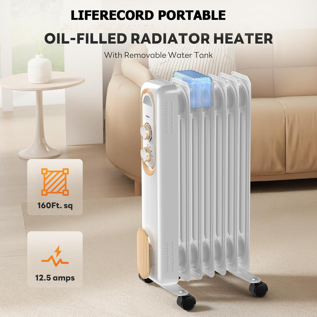 LIFERECORD Oil Filled Radiator, Electric Radiant Heaters for indoor use, Safe Lock, , Overheat & Tip-Over Protection, Adjustable Thermostat, Quiet, 1500W, 26" White