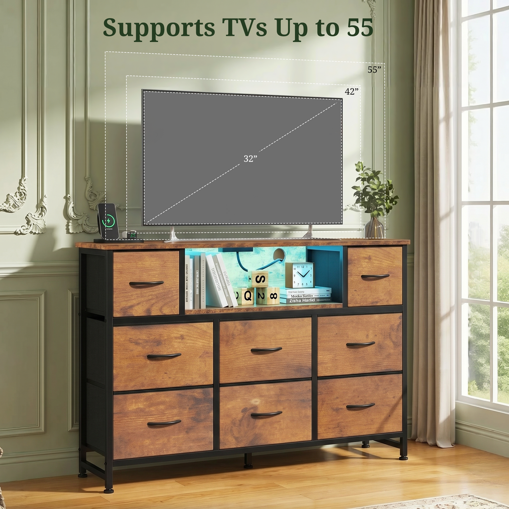 LIFERECORD Dresser TV Stand for 45-55 Inch, Chest of Drawers with LED Lights & USB Ports, Entertainment Center with Charging Station, Wood Top Media Console for Bedroom