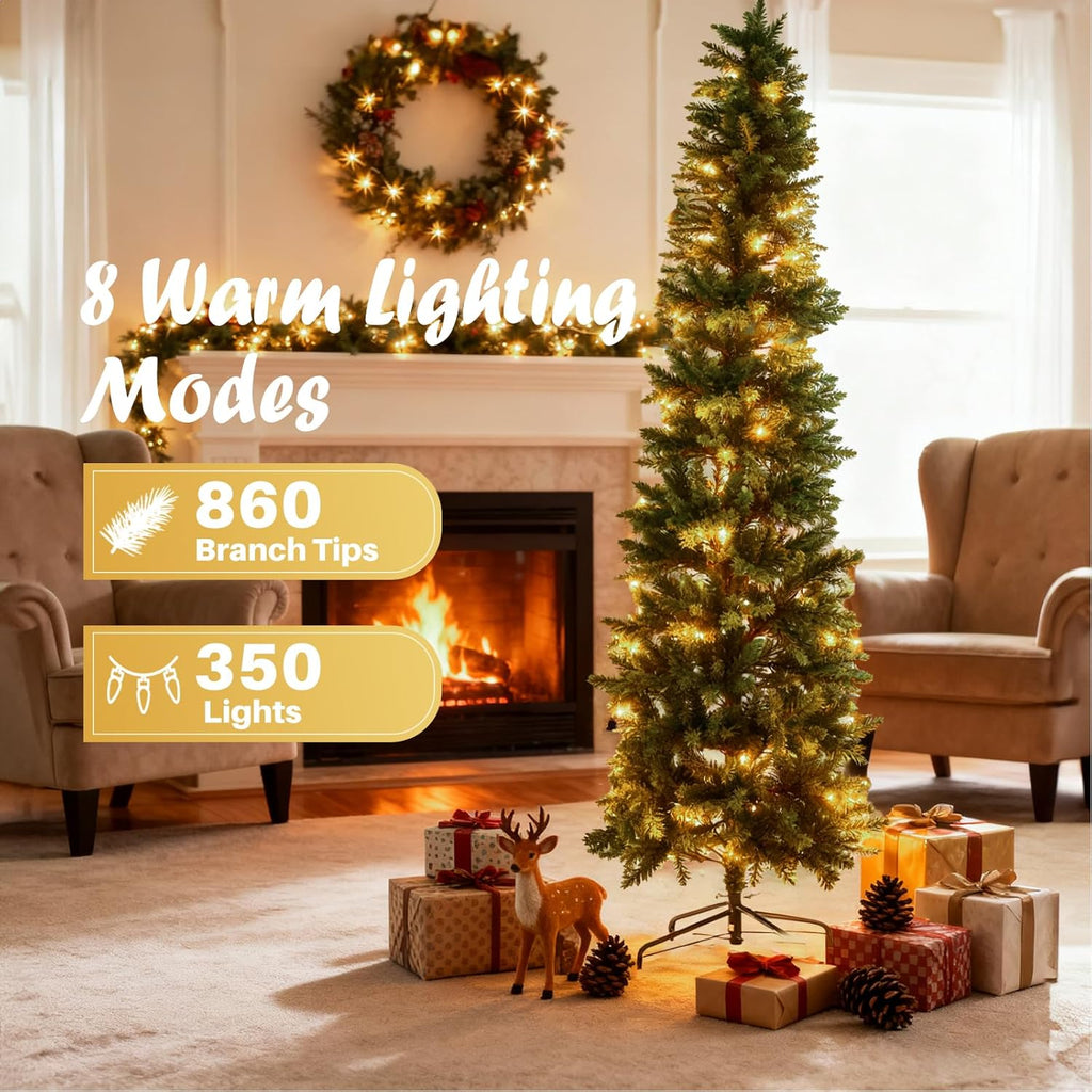 LIFERECORD 7.5ft Prelit Artificial Hinged Slim Pencil Christmas Tree with 350 Lights, 860 Full Branch Tips, 8 Warm Lingting Motes Perfect Decoration for Xmas Holiday, Green
