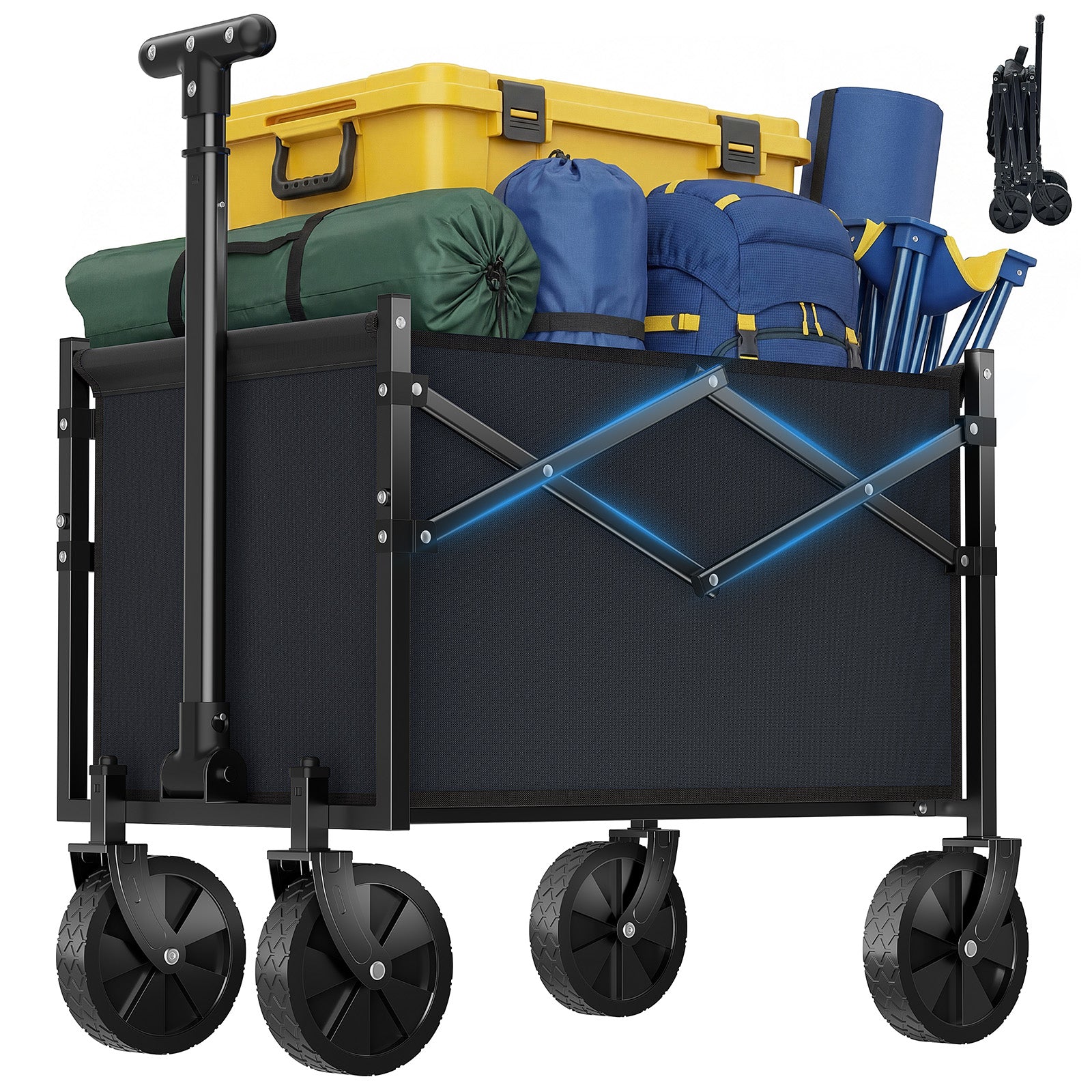 ACCVER Heavy Duty Collapsible Wagon Cart - 220LBS Capacity Folding Utility Cart w/ All-Terrain Wheels, Drink Holders for Camping, Beach, Grocery, Sports (Foldable & Portable),Mini Black