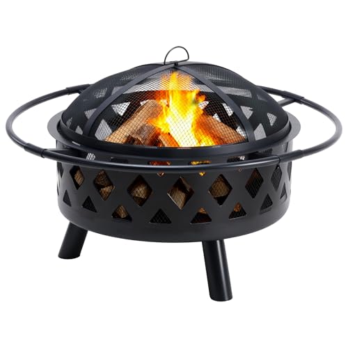 LIFERECORD Circular Steel Fire Pit with Spark Screen - Wood Burning Outdoor Fire Pit with Decorative Cut-Out Design for Patio & Backyard