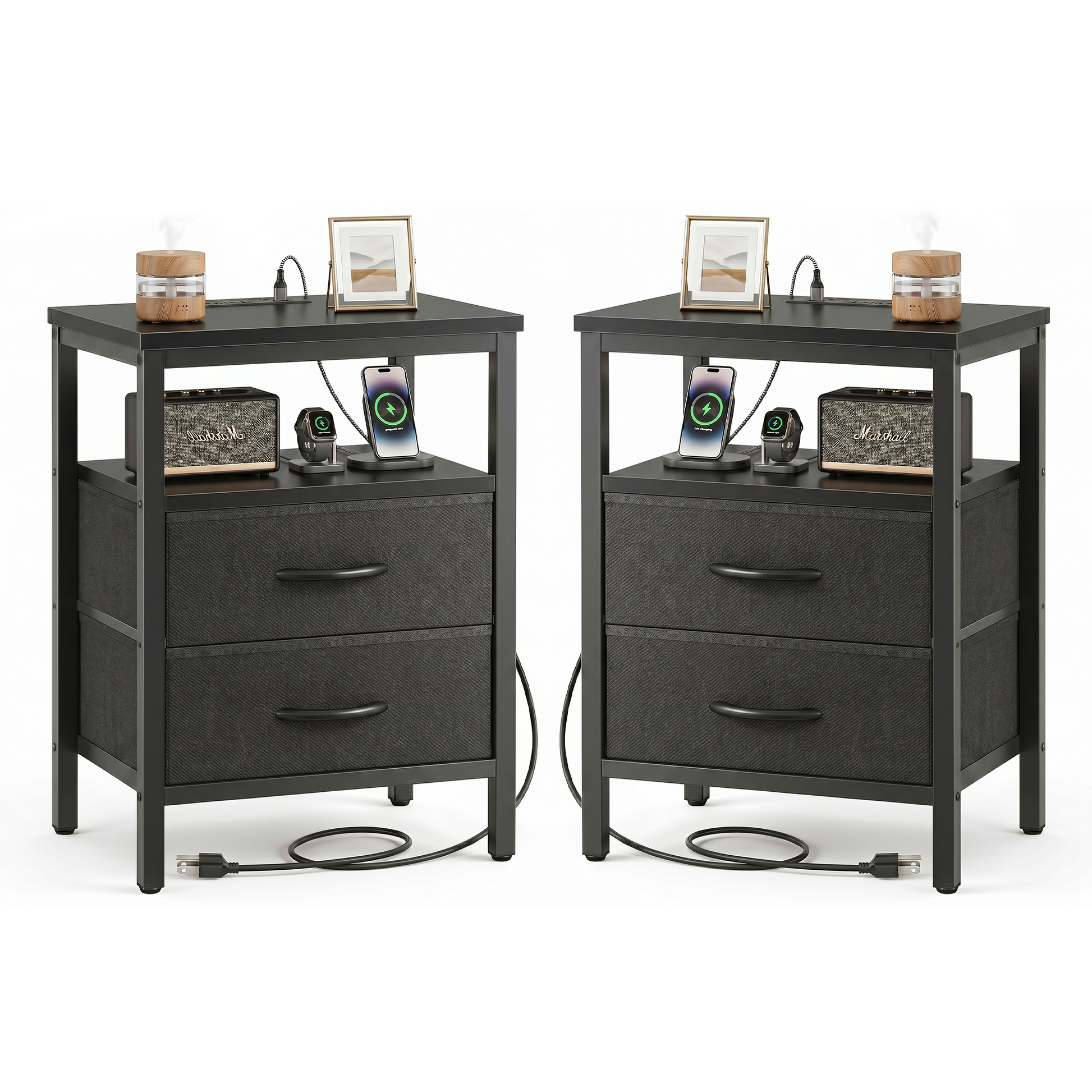 LIFERECORD Nightstand Set of 2 with 2 Fabric Drawers, Nightstand with Charging Station, End Tables with Storage Shelf for Small Spaces, Bedside Table Side Tables for Bedroom, Black