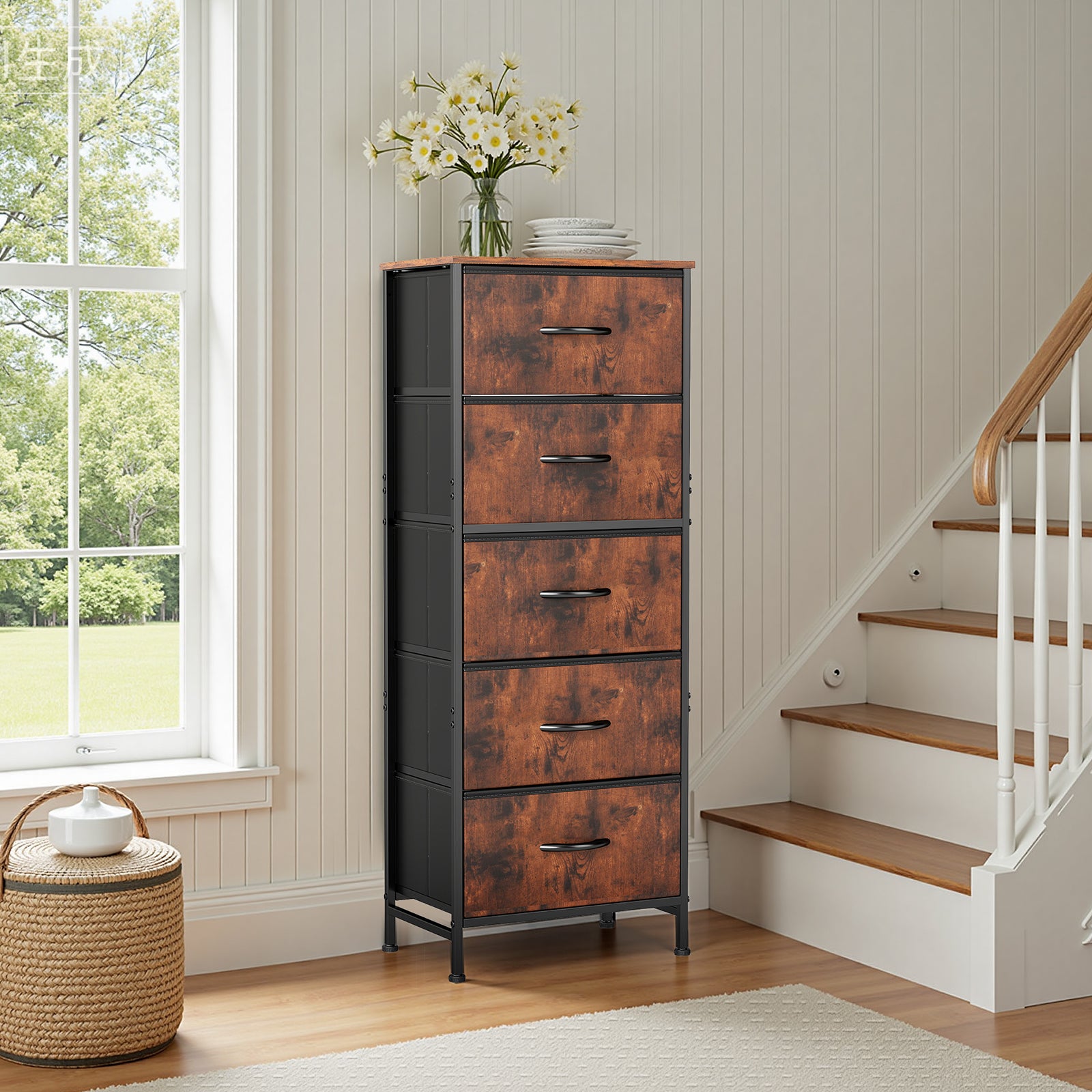 ACCVER Dresser for Bedroom 5 Storage drawer, Fabric Closet Chests Organizer Tower with Wooden Top Metal Frame for Living Room Hallway Entryway, Brown