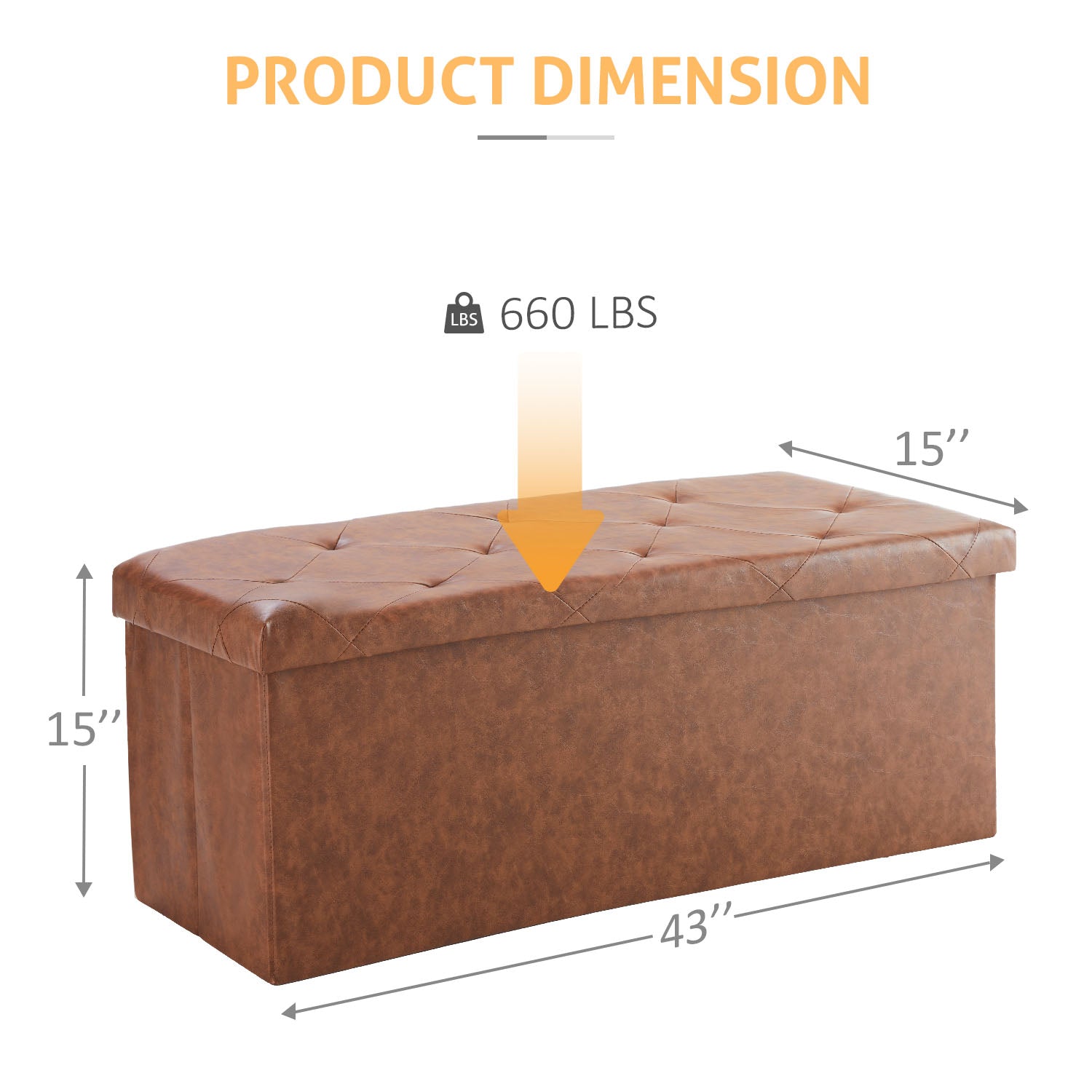 ACCVER 43" Storage Bench - Faux Leather Foldable Ottoman Upholstered Entryway Bench, 660lbs Large End of Bed Bench with Storage Chest for Bedroom, Living Room, Brown