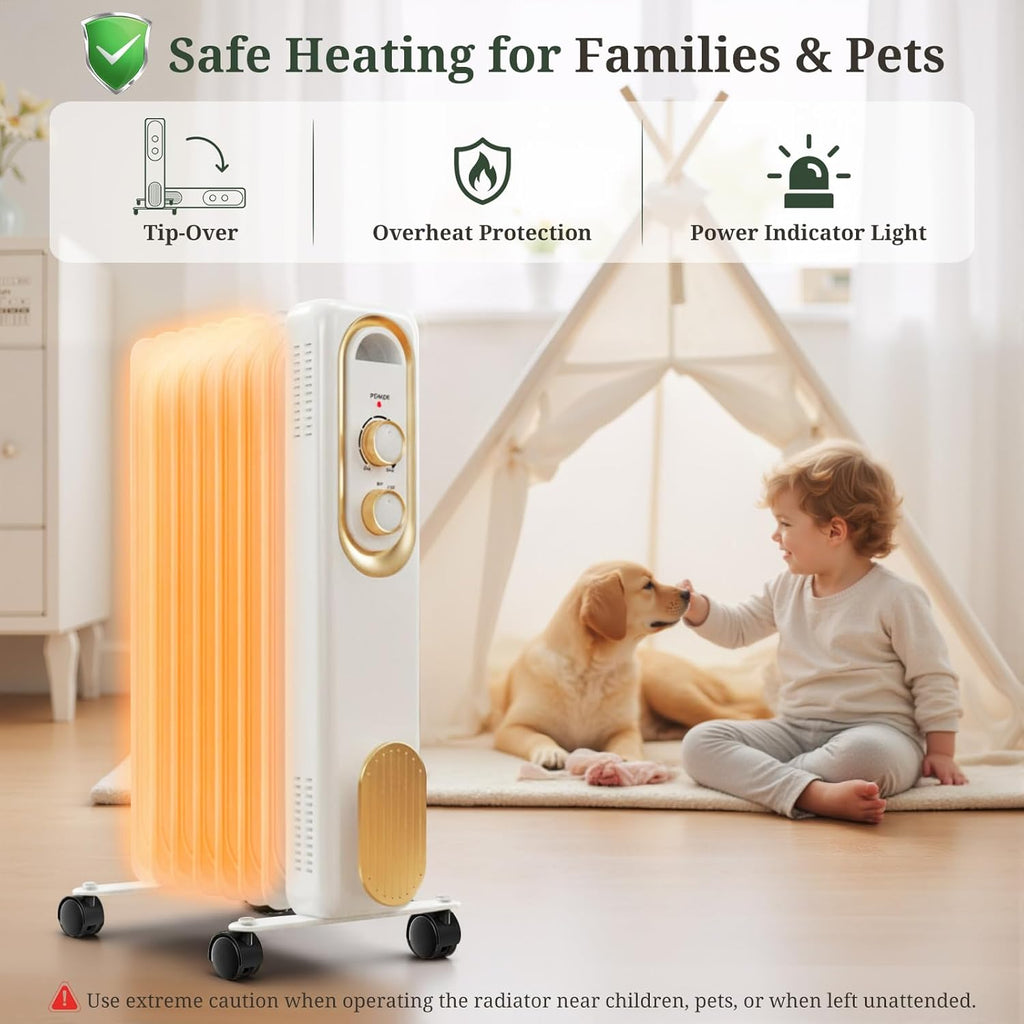 ROSVOVO 1500W Oil Filled Radiator Heater - 3 Heat Settings, Adjustable Thermostat, Ultra Quiet Portable Space Heater for Bedroom & Office, White