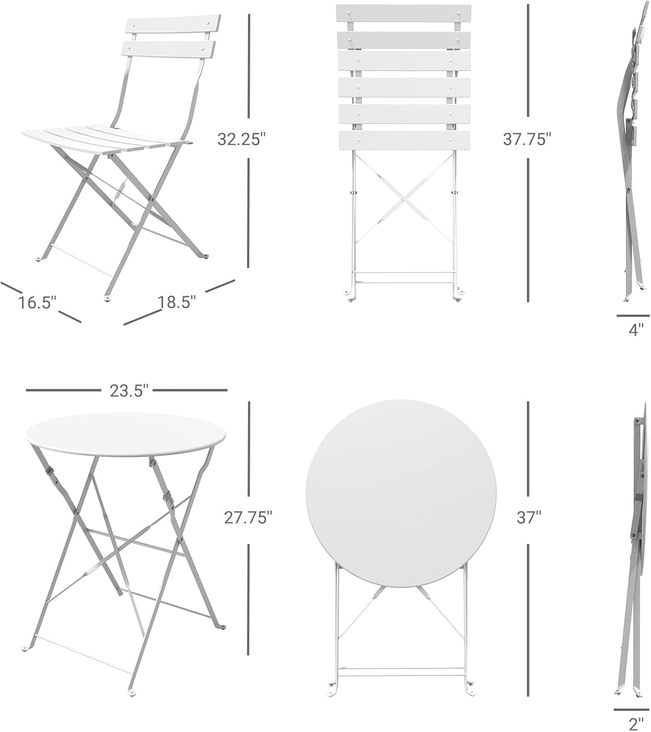 3-Piece Folding Bistro Set, 2 Chairs and 1 Table, Weather-Resistant Outdoor Indoor Conversation Set for Patio, Yard, White