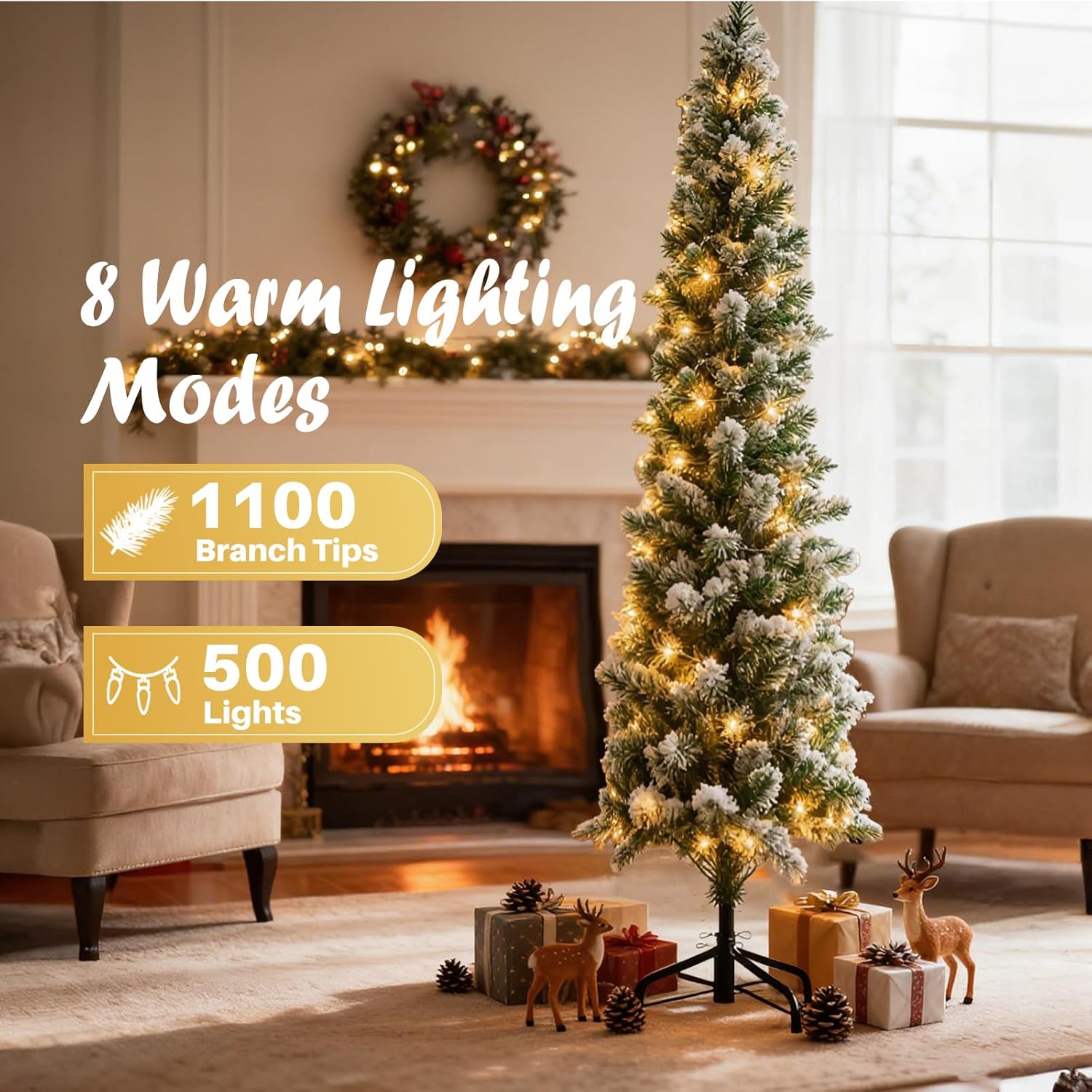 LIFERECORD 9ft Prelit Artificial Hinged Slim Pencil Christmas Tree with 500 Lights, 1100 Full Branch Tips, 8 Warm Lingting Motes Perfect Decoration for Xmas Holiday, White