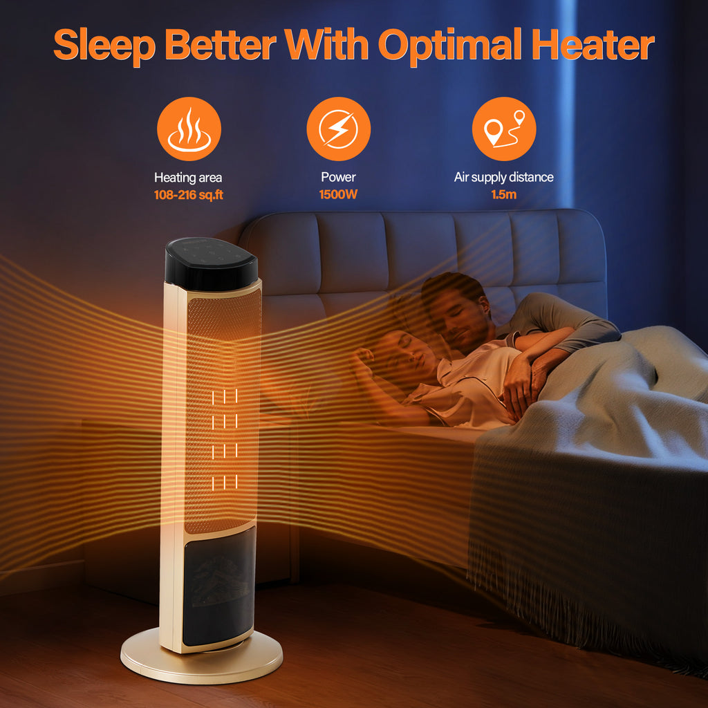 LIFERECORD Oscillating Space Heater with Remote, 70° Wide-Angle Heating, Quiet Portable Indoor Heater with Tip-Over Protection for Office & Home, Gold