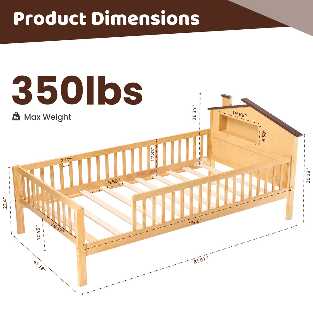 LIFERECORD Twin Size Bed Frame with Storage - Solid Wood House Frame, Safety Guardrails & Built-In Shelf for Bedroom Organization