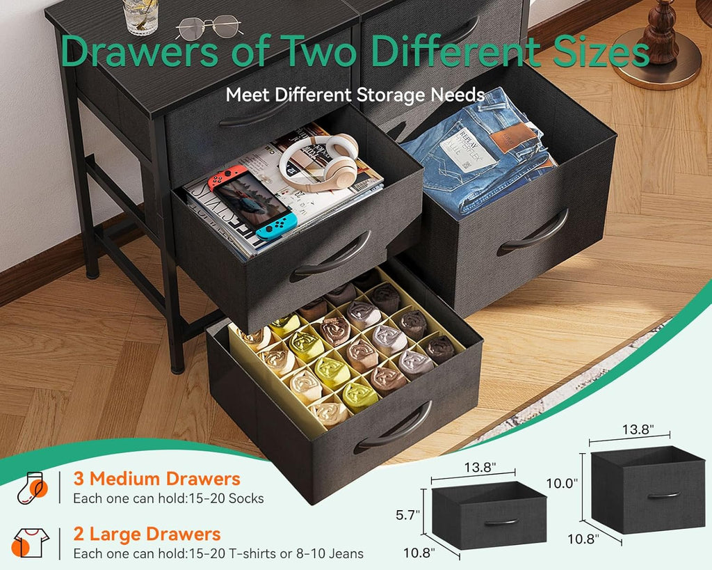 LIFERECORD 5 Drawer Fabric Dresser for Bedroom and Living Room, Chest of Drawer Organizer Storage Cabinet for Closet, Entryway, Black