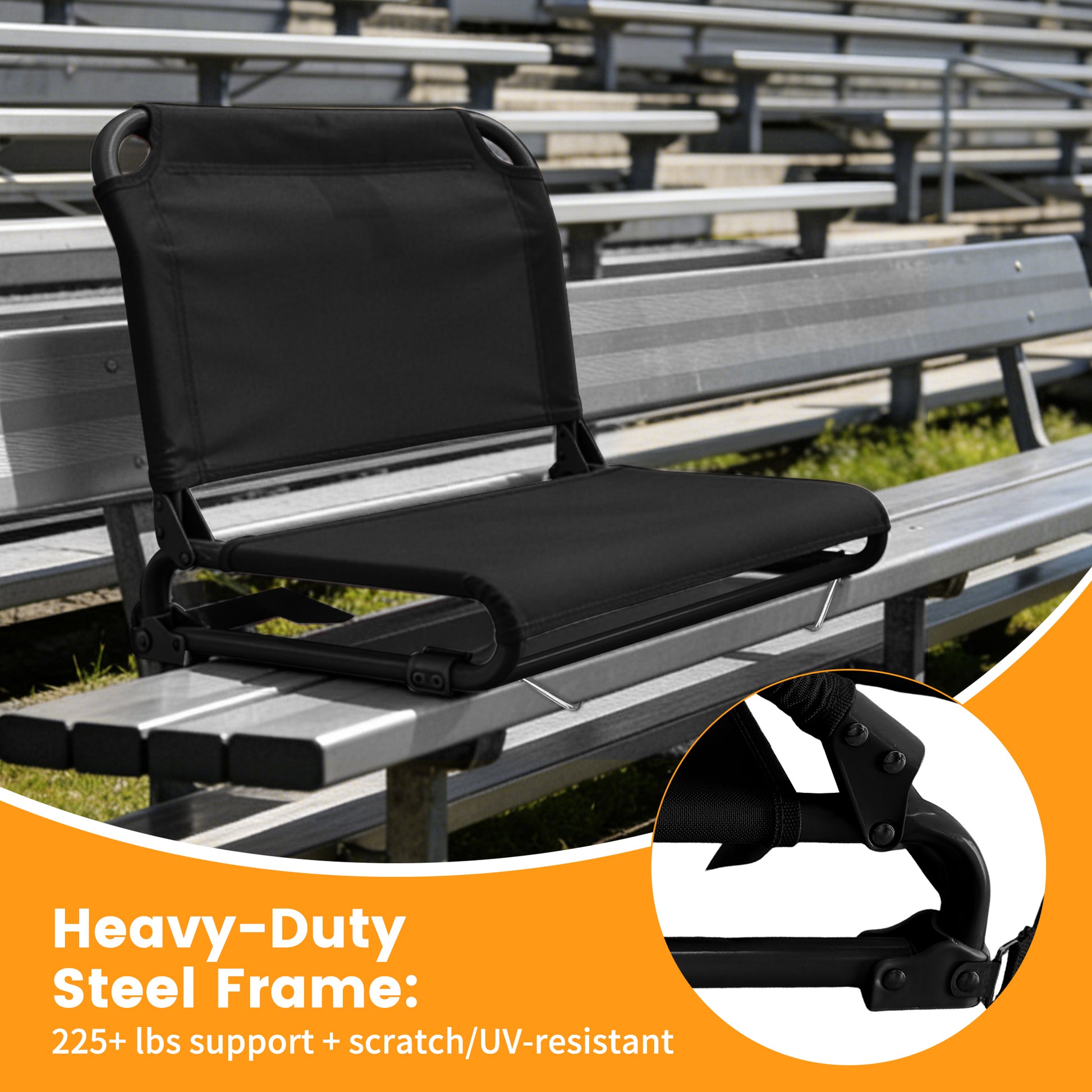 LIFERECORD Foldable Stadium Seat Chair with Back Support, Portable Bleacher Seat for Sports Games, Concerts, Parks - 225 lbs Capacity, Waterproof 600D Oxford Fabric, Dual Carry Options
