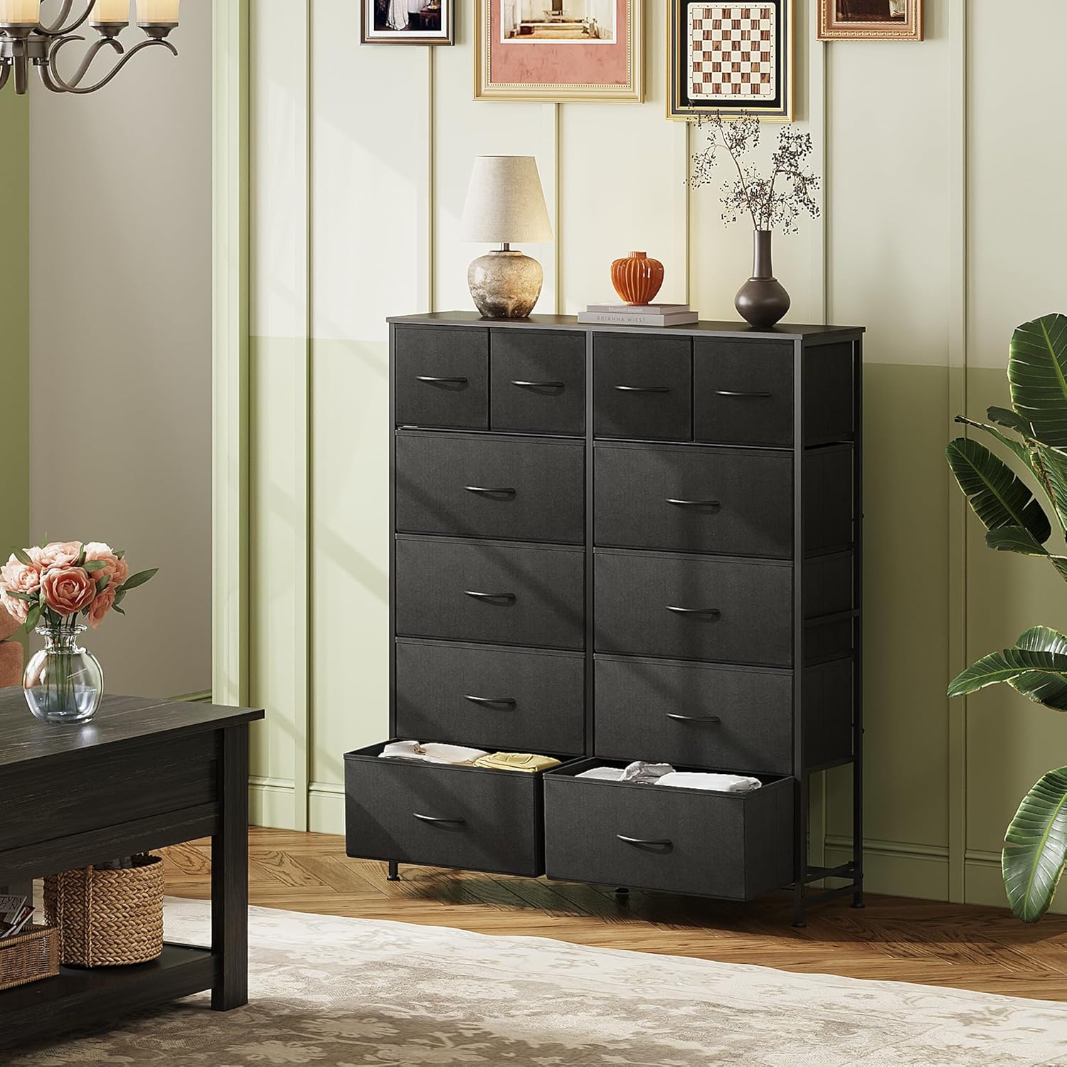 ACCVER Dresser for Bedroom 12 Storage drawer, Fabric Closet Chests Organizer Tower with Wooden Top Metal Frame for Living Room Hallway Entryway
