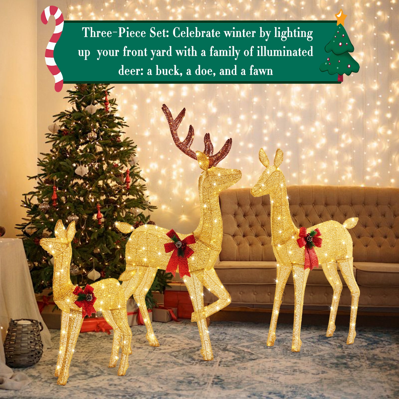 LIFERECORD 3-Piece 2D Lighted Christmas Deer Family Set - Large Outdoor Yard Reindeer Holiday Decoration with 360 LED Lights, Stakes, Zip Ties - Gold