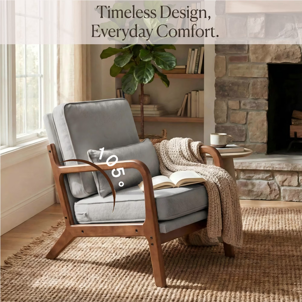 LIFERECORD Mid Century Modern Accent Chair, Reading Chair with Arms and Lumbar Cushion, Comfortable Lounge Chair for Living Room Bedroom, Solid Rubberwood Frame