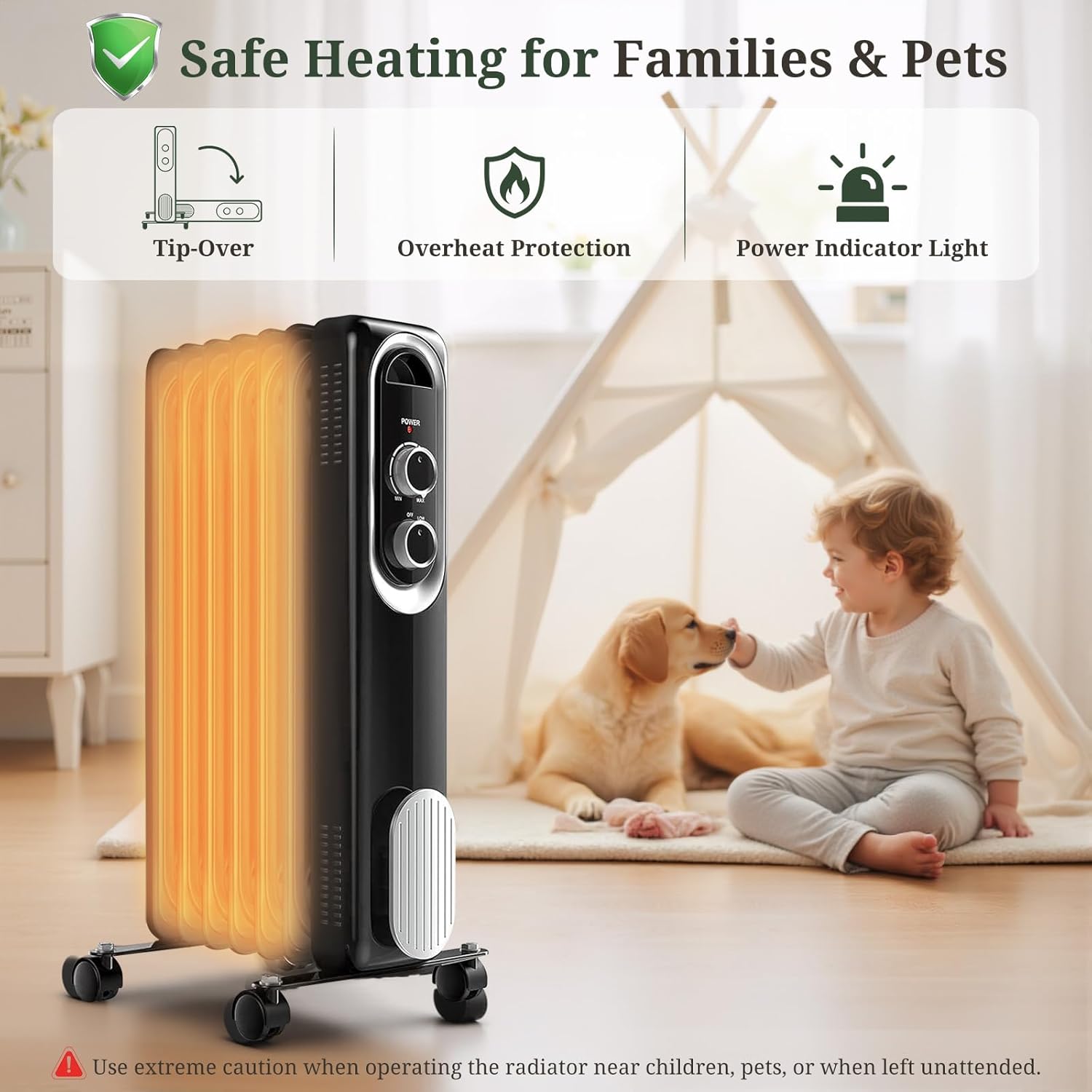 ROSVOVO 1500W Oil Filled Radiator Heater - 3 Heat Settings, Adjustable Thermostat, Ultra Quiet Portable Space Heater for Bedroom & Office, Black