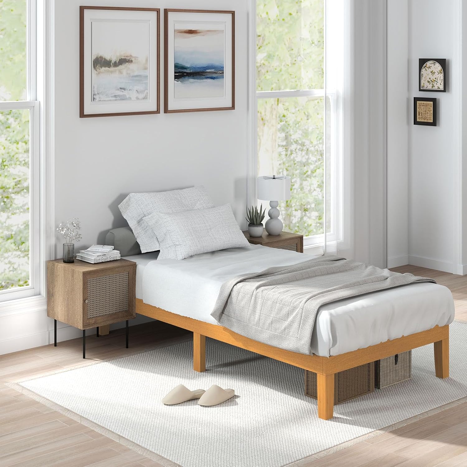 ACCVER Solid Wood Twin Size Bed Frame - 12in Natural Pine Platform Base with Wood Slats, Noise-Free & No Box Spring Needed, Natural Finish, Easy Assembly