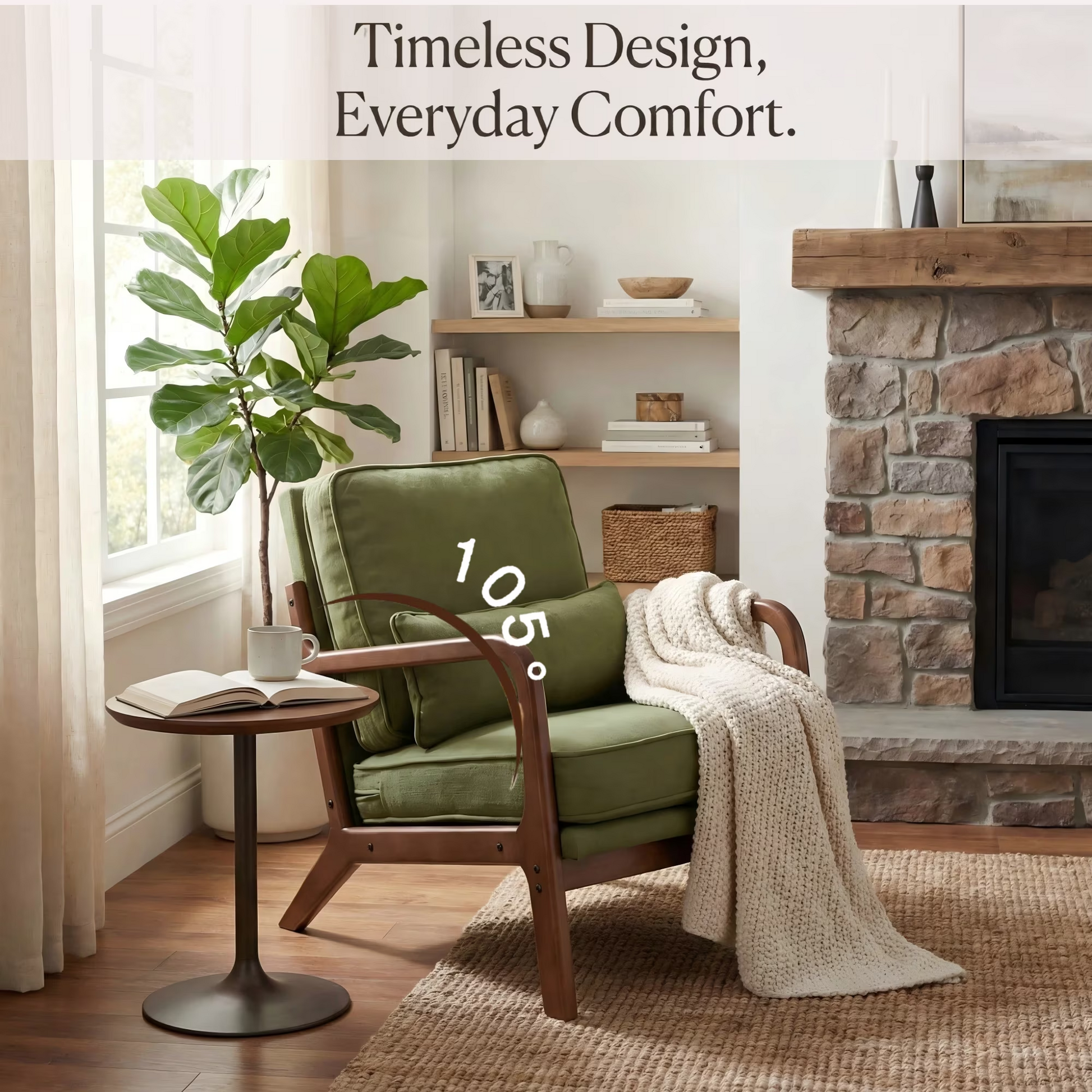 LIFERECORD Mid Century Modern Accent Chair, Reading Chair with Arms and Lumbar Cushion, Comfortable Lounge Chair for Living Room Bedroom, Solid Rubberwood Frame