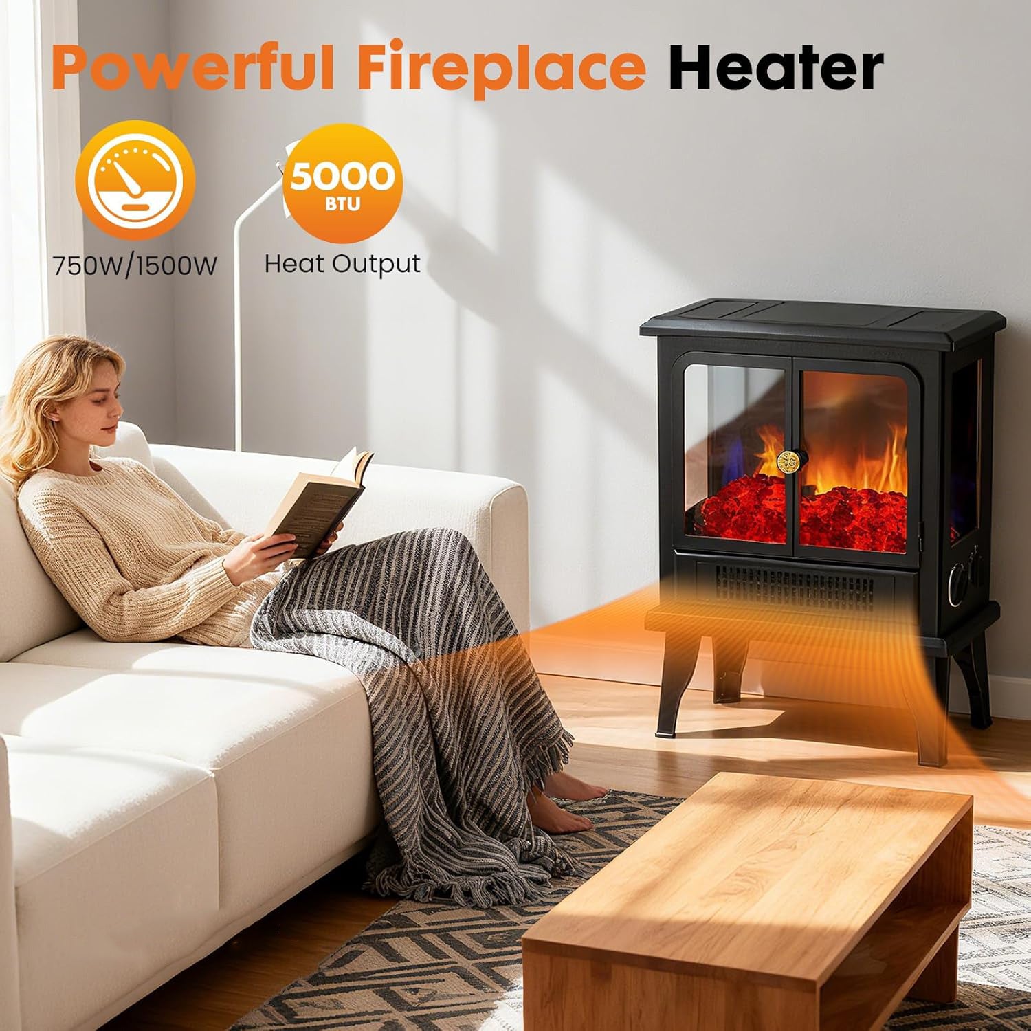 LIFERECORD 19" Freestanding Electric Fireplace Heater - Adjustable Realistic 3D Flame, 2 Heat Settings, Double Door, Overheat Protection, Easy Control for Bedroom & Living Room