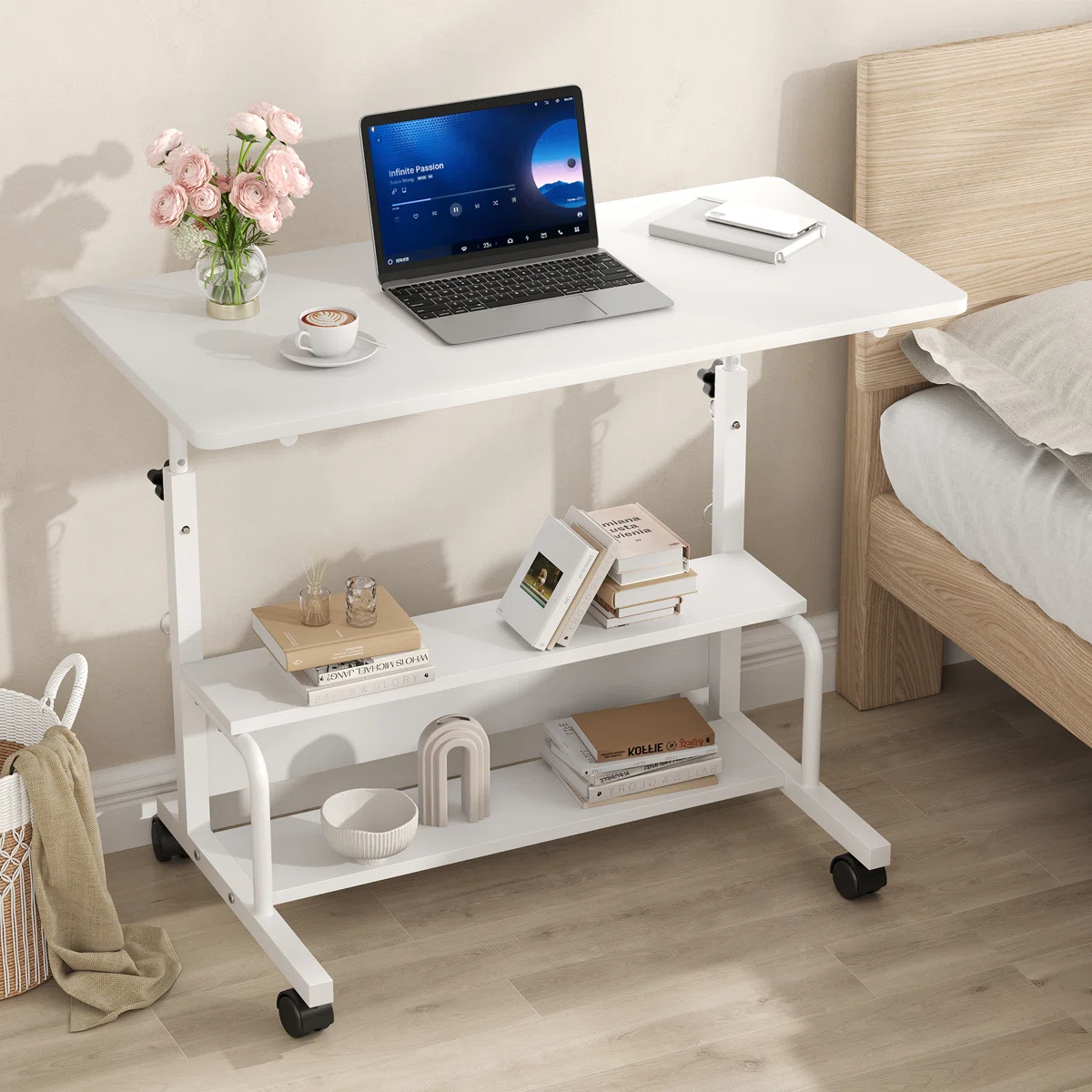 LIFERECORD Adjustable Height Standing Desk 31.5", Portable Rolling Desk on Wheels, Mobile Computer Desk with Lockable Wheels & 2-Tier Storage for Small Spaces Home Office