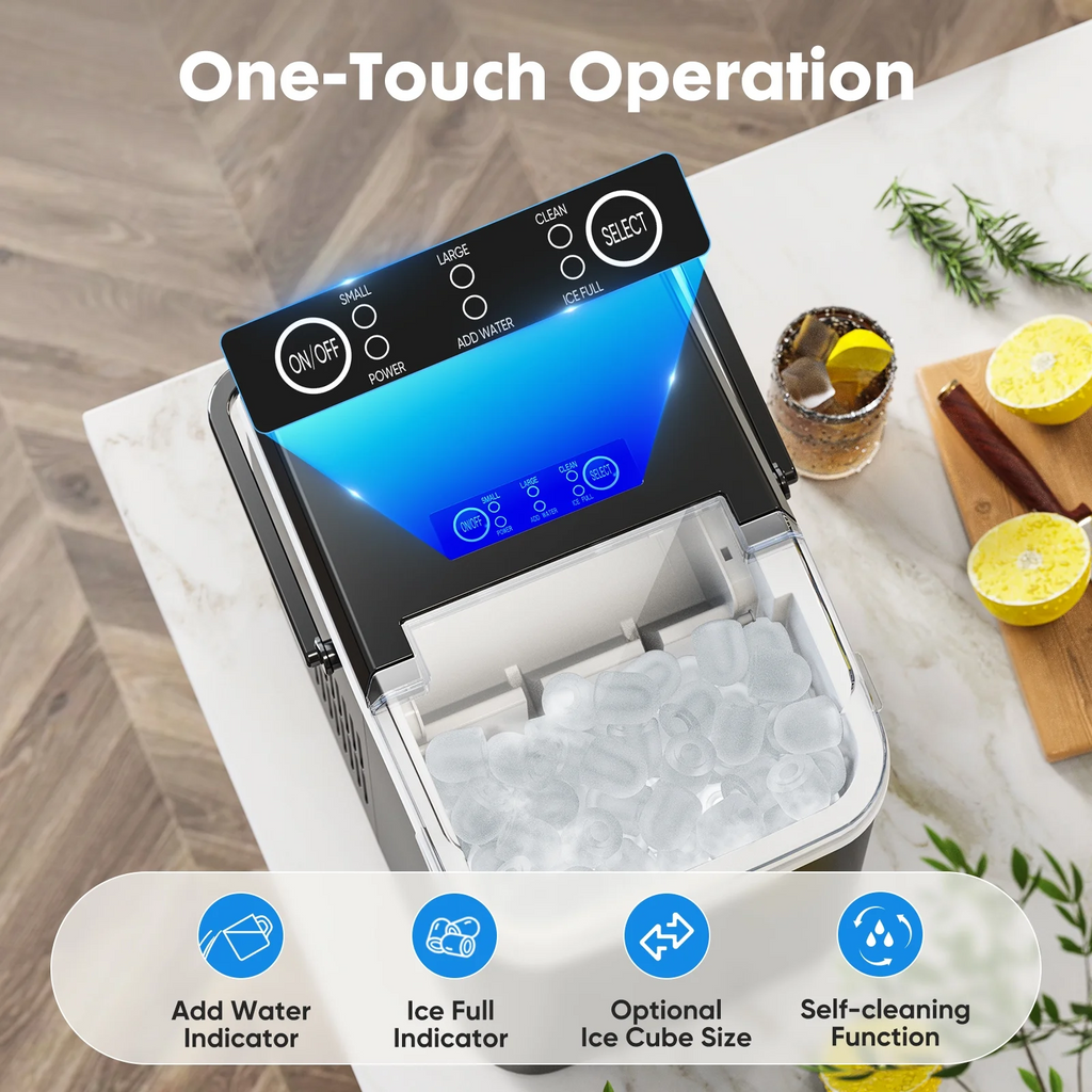 LIFERECORD Portable Ice Maker Countertop with Handle, 6 Mins for 9 Bullet Ice, 26lbs/24H, Self-Cleaning Compact Ice Machine for Home, Kitchen, Camping & Parties