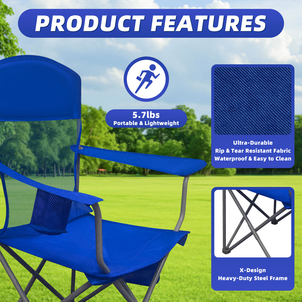 LIFERECORD Portable Camping Chair with Cup Holder & Side Pocket, Lightweight Folding Outdoor Chair for Beach, Fishing, Picnic, Heavy Duty 300LBS Capacity, Blue