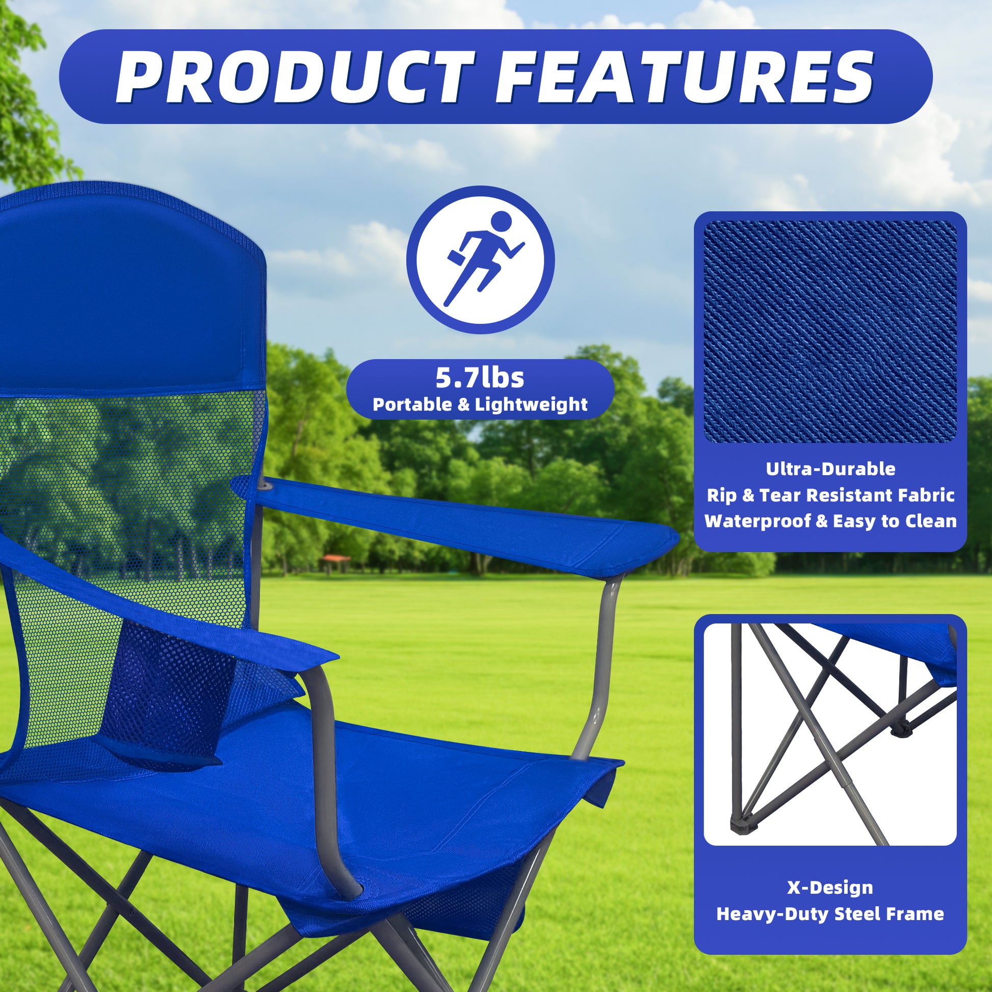 LIFERECORD Portable Camping Chair with Cup Holder & Side Pocket, Lightweight Folding Outdoor Chair for Beach, Fishing, Picnic, Heavy Duty 300LBS Capacity, Blue