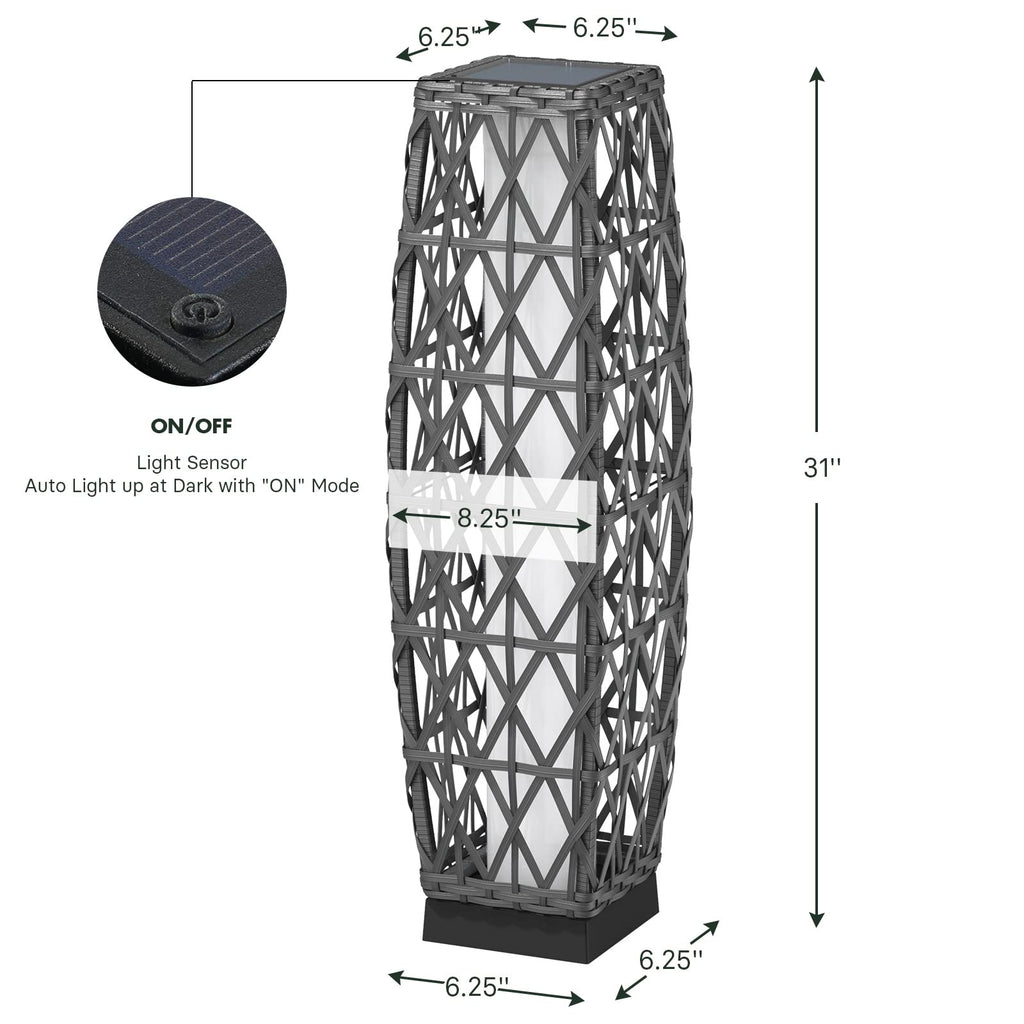 LIFERECORD Solar Powered Outdoor Floor Lamp - Automatic Woven Resin Wicker Garden Lantern, Waterproof Patio Lighting for Porch, Deck and Backyard Landscape Lighting (Large)